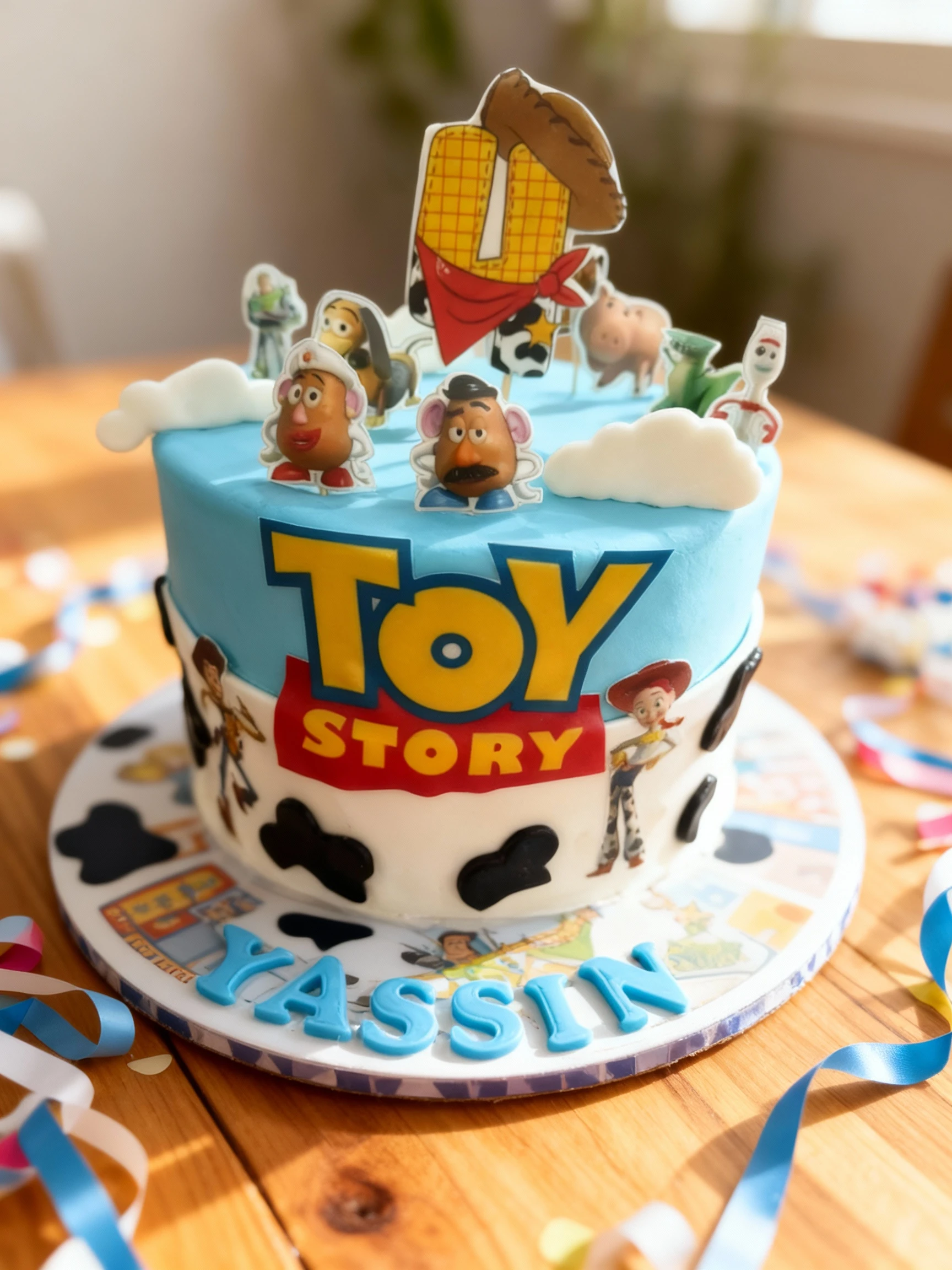 A two-tiered, Toy Story-themed birthday cake featuring blue fondant on the top layer and cow-print decorations on the bottom layer, topped with various characte