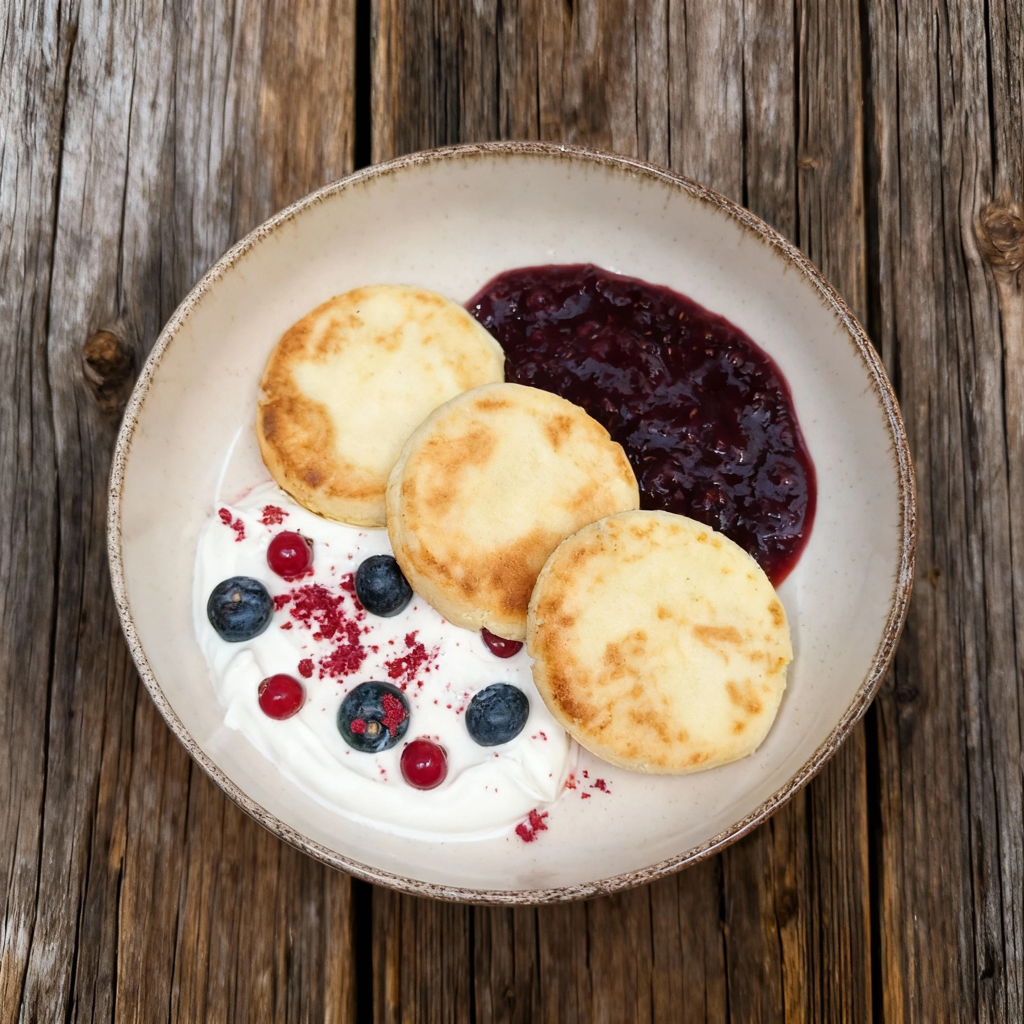 Three golden-brown syrniki or cottage cheese pancakes served with thick sour cream topped with fresh blueberries, red currants, and berry powder, accompanied by