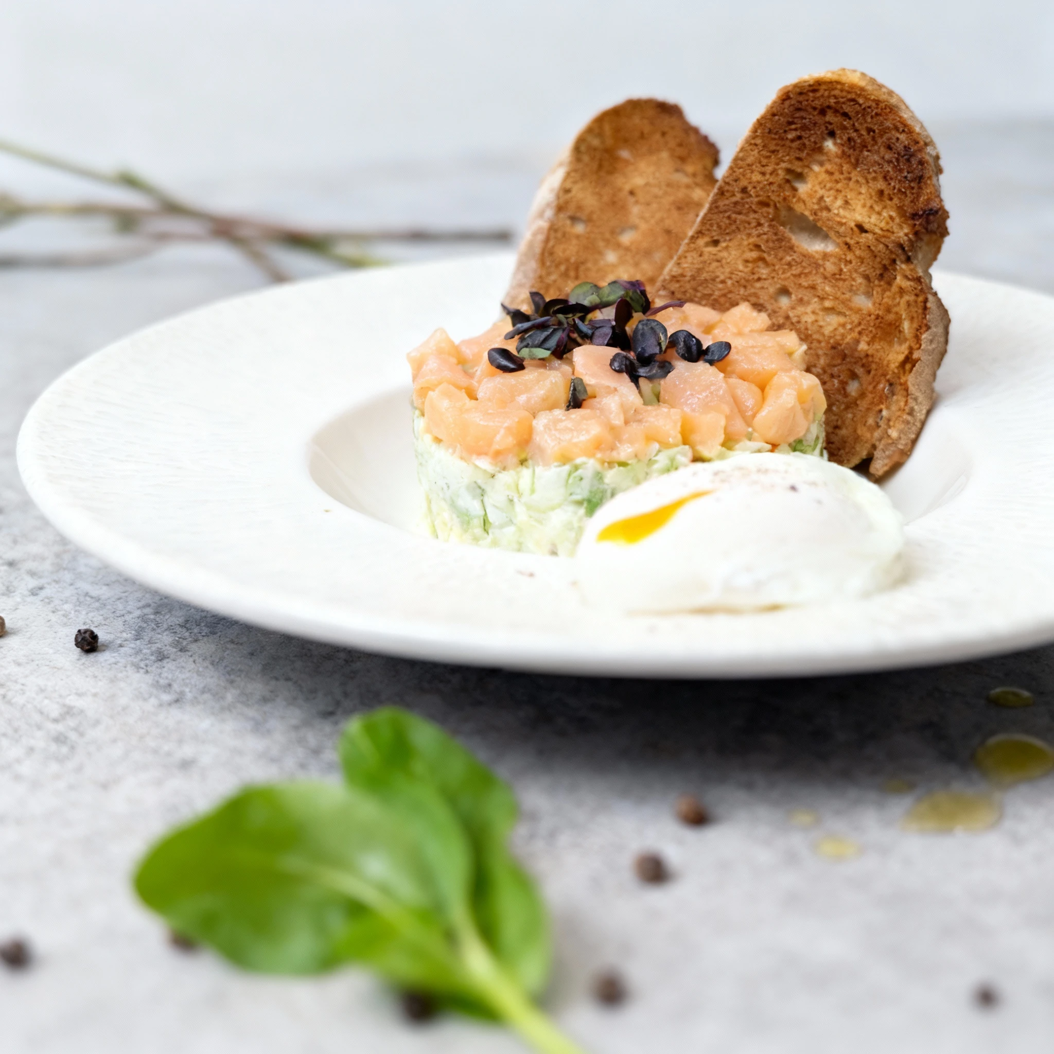 Salmon tartare over a creamy base topped with microgreens, served with two slices of toasted sourdough and a soft-poached egg.