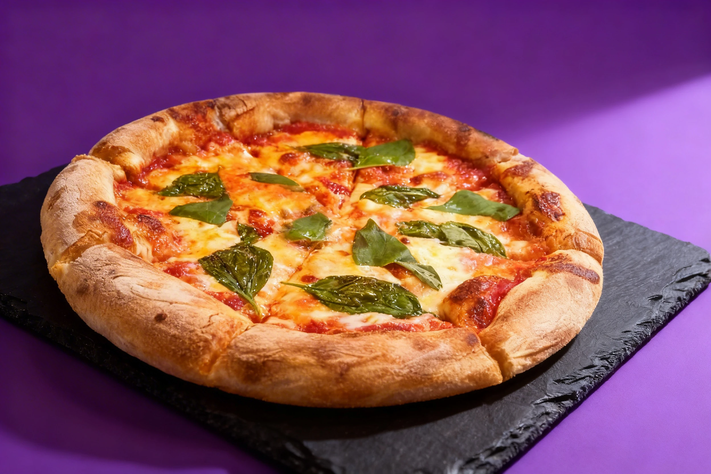 A Margherita pizza featuring a thick, puffy crust, melted mozzarella cheese, tomato sauce, and fresh basil leaves.