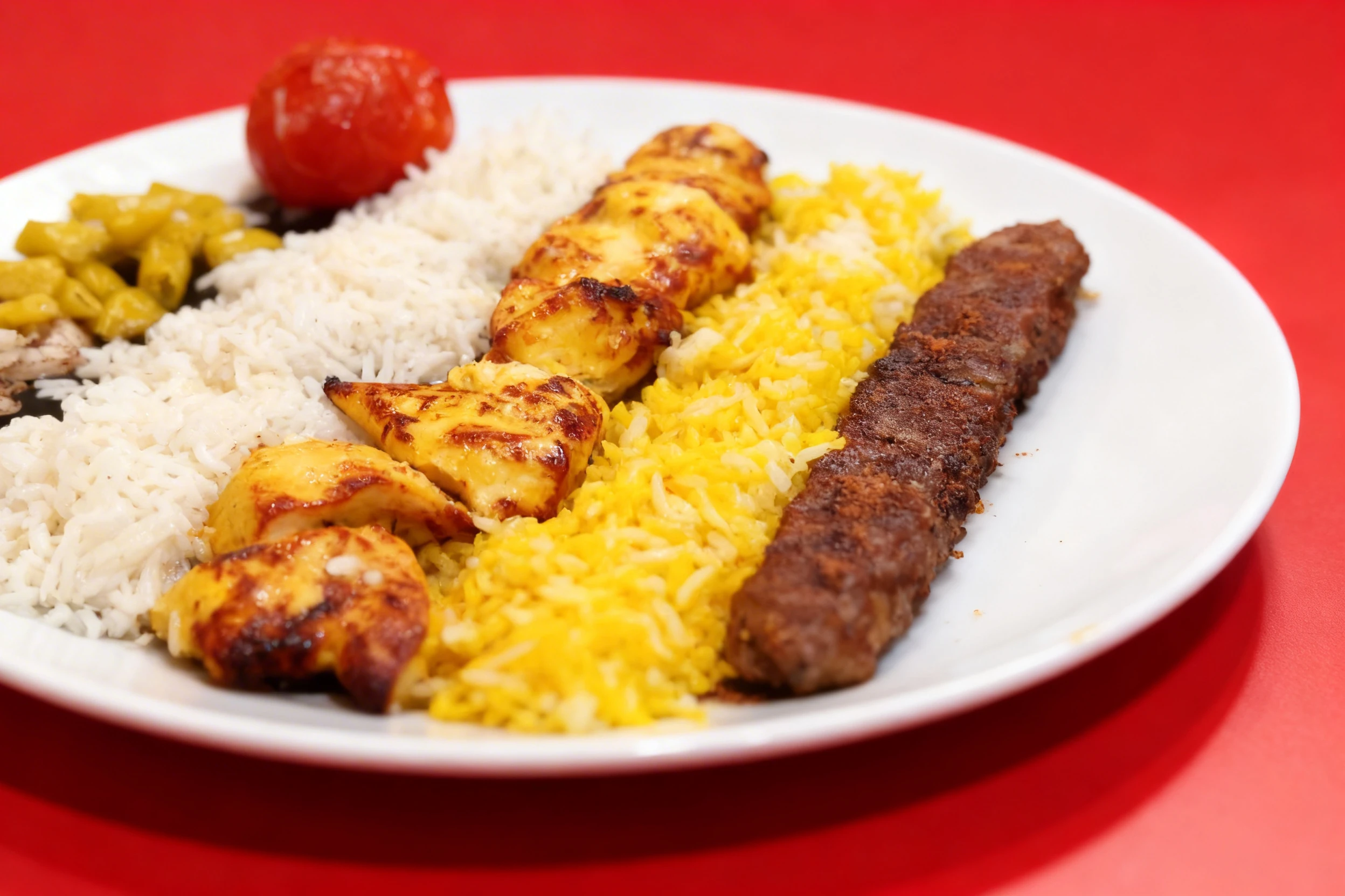 A Persian platter featuring grilled chicken saffron kebabs, a ground meat koobideh kebab, white and saffron basmati rice, a roasted tomato, pickled peppers, and