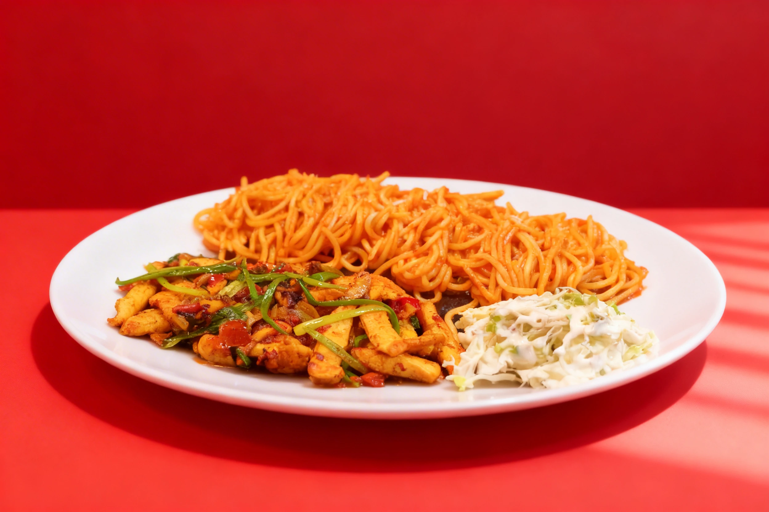Stir-fry chicken strips with green onions and chili served alongside tomato-sauce spaghetti and a side of creamy coleslaw.