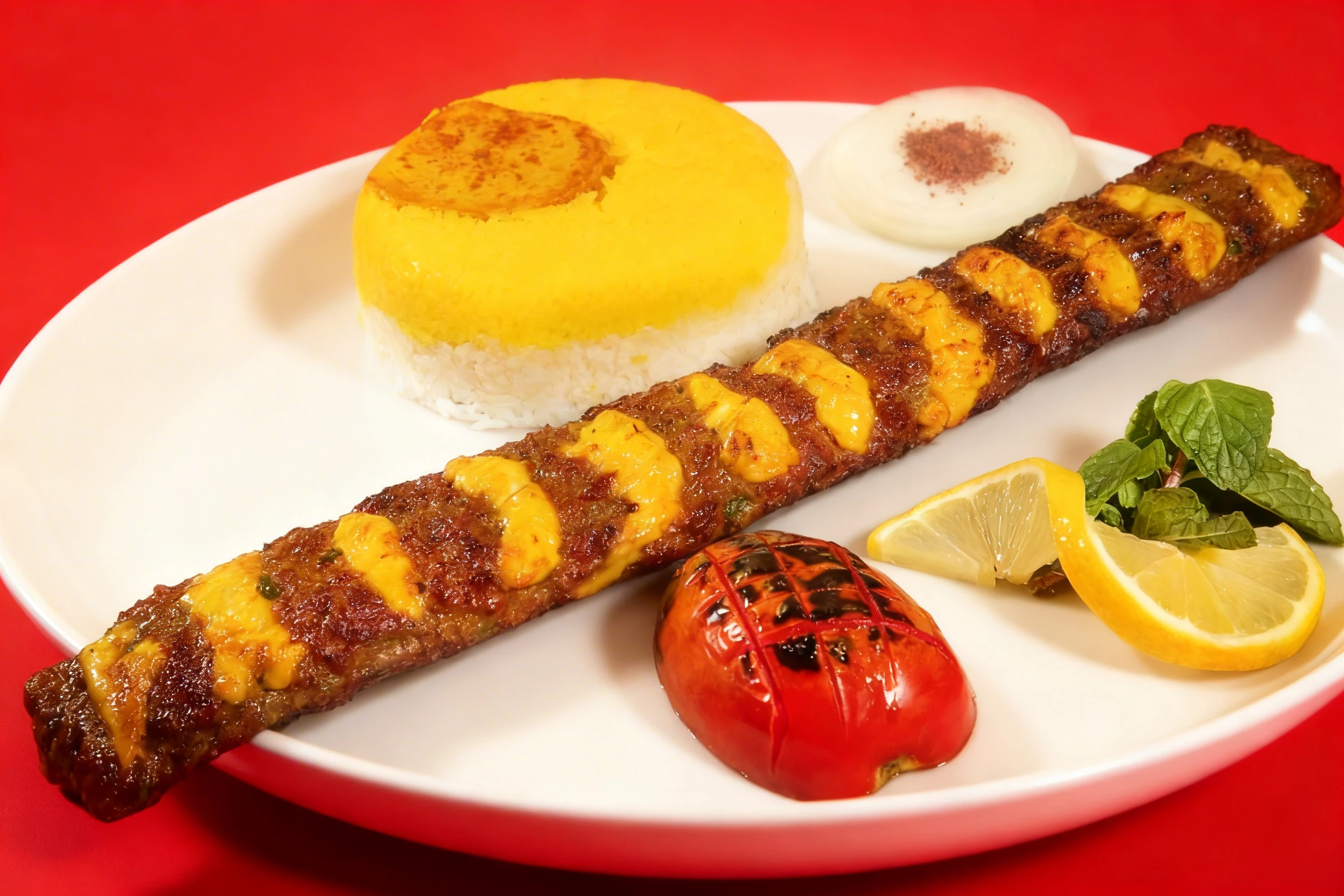 Chelow kabab featuring a long, grilled ground meat skewer topped with saffron butter, served with a molded portion of saffron and white rice, a grilled tomato,