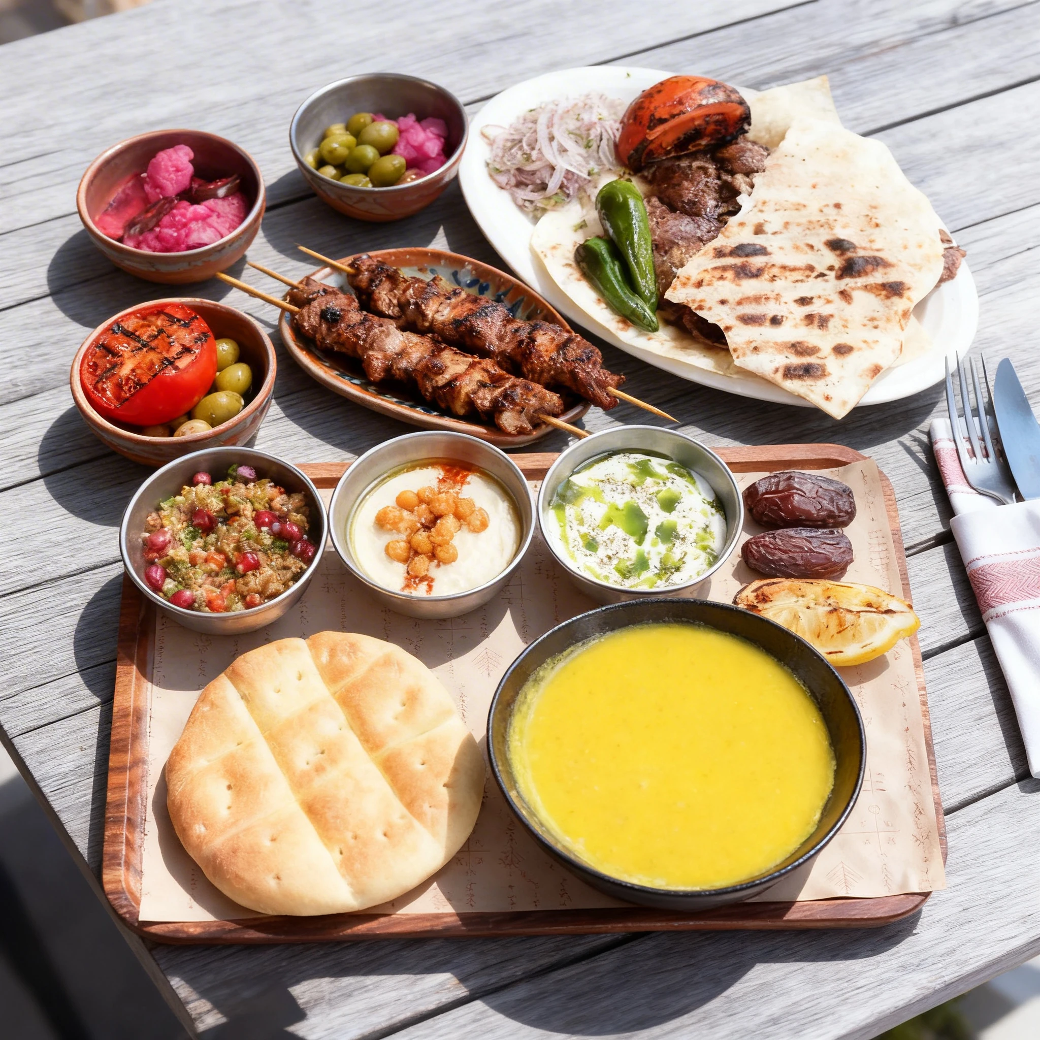 A Middle Eastern spread featuring grilled meat skewers with flatbread, green peppers, and grilled tomato, accompanied by lentil soup, hummus with chickpeas, mou