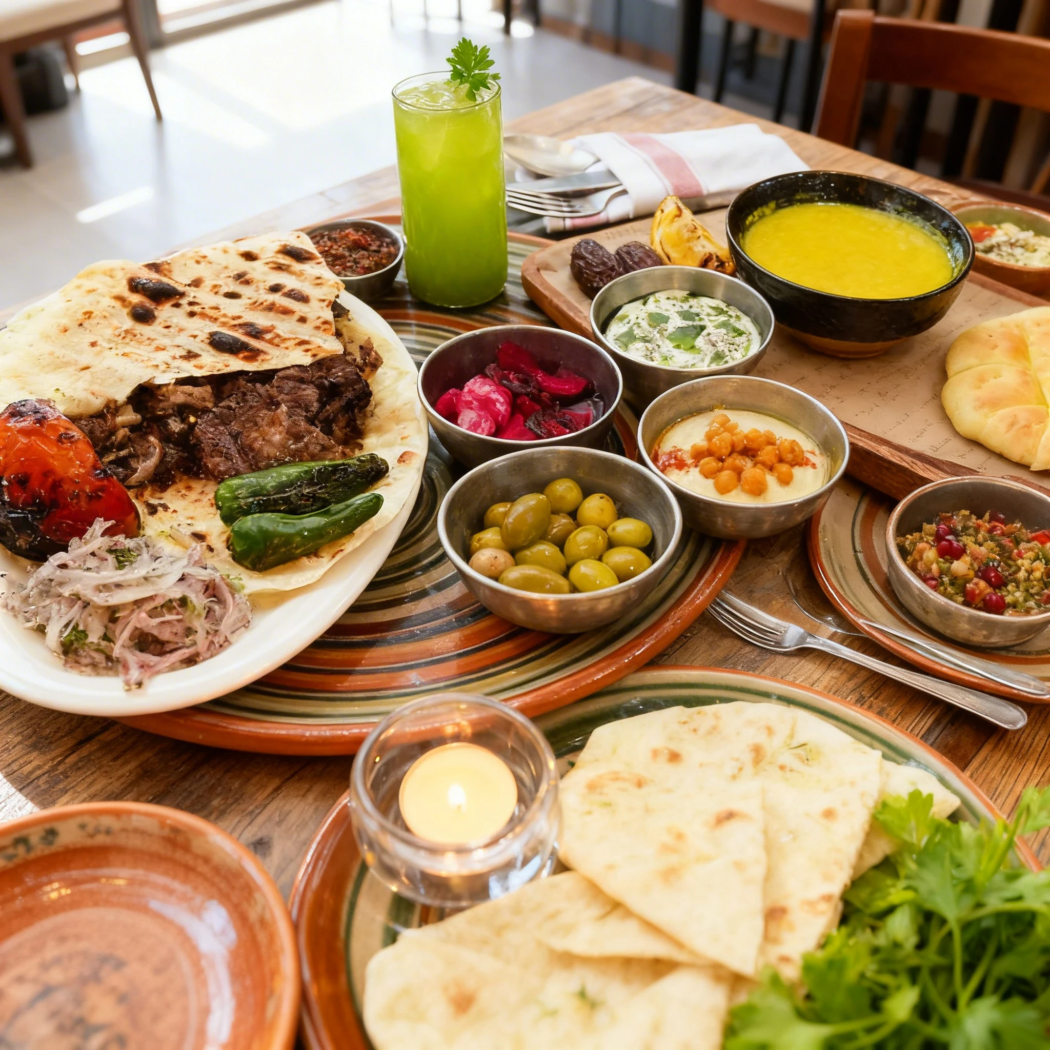 Middle Eastern spread featuring grilled meat wrap with charred peppers, hummus topped with chickpeas, olives, pickled vegetables, and fresh pita bread.