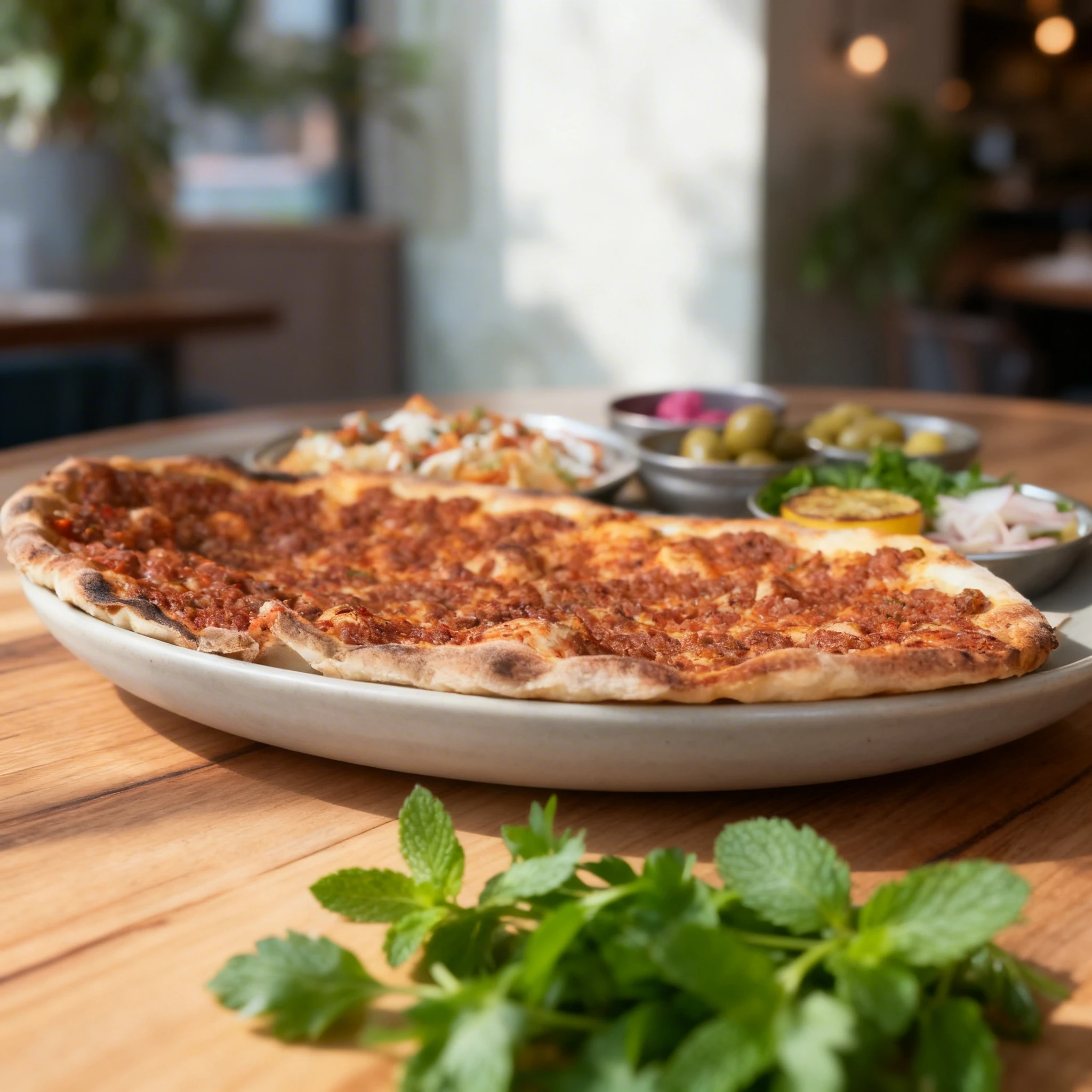 A Turkish lahmacun topped with spiced minced meat, served alongside manti drizzled with yogurt and tomato sauce, green olives, pickled vegetables, and a side of