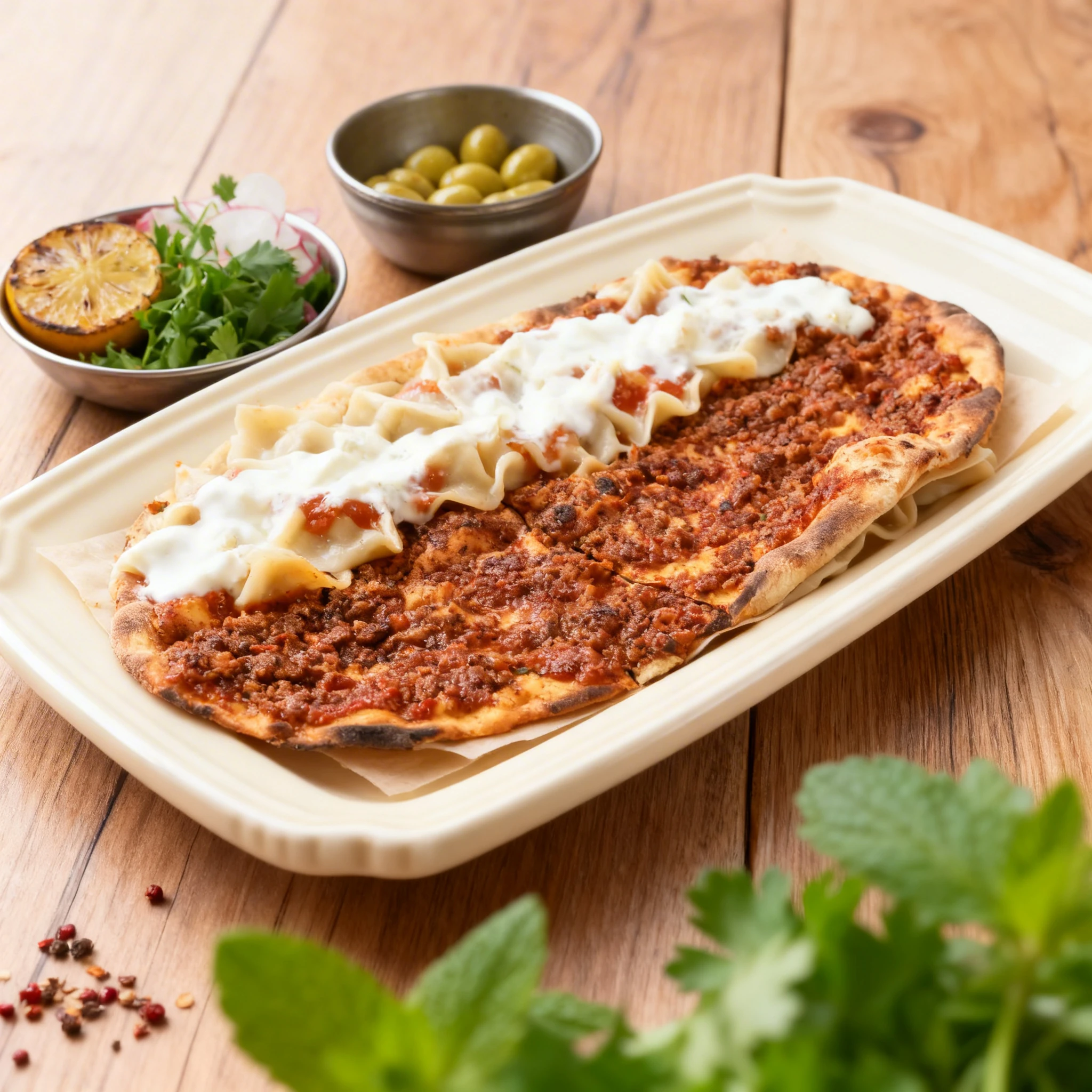 A Middle Eastern spread featuring a Lahmacun flatbread topped with minced meat, a plate of Manti dumplings drizzled with yogurt and tomato sauce, and side bowls