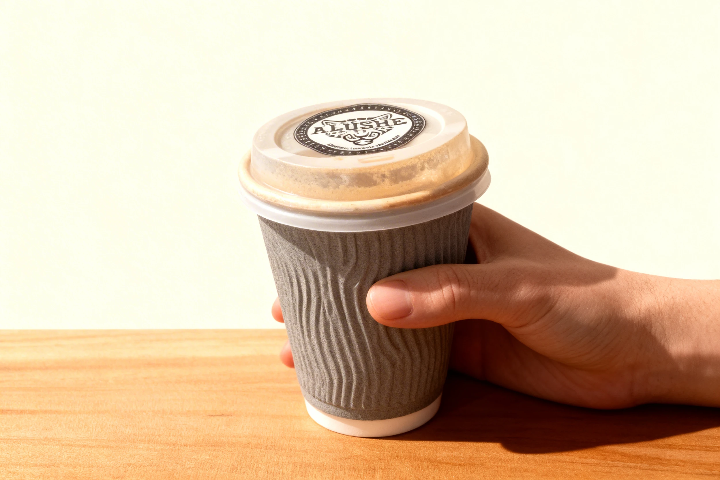 Takeaway coffee in a gray textured paper cup with a plastic lid featuring the Alushe Coffee Bar logo.