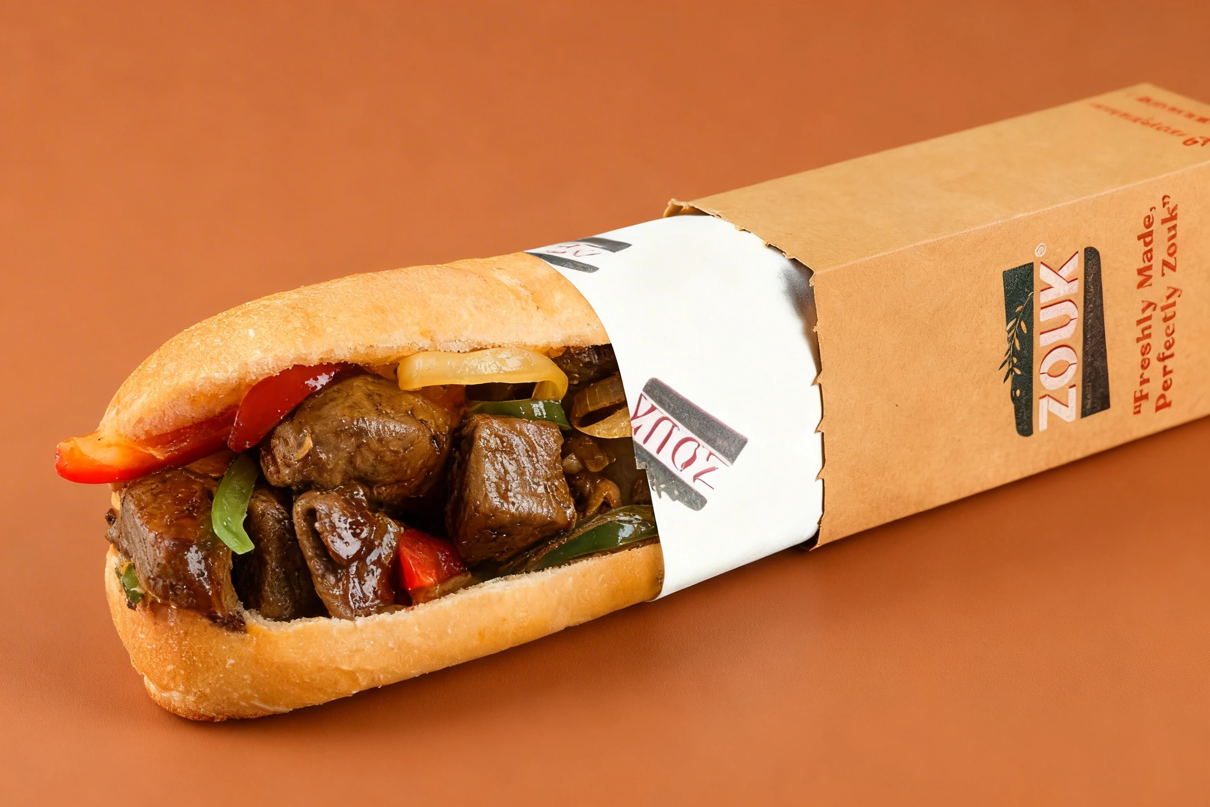 A steak sandwich featuring sautéed beef cubes, onions, and bell peppers served in a toasted baguette.