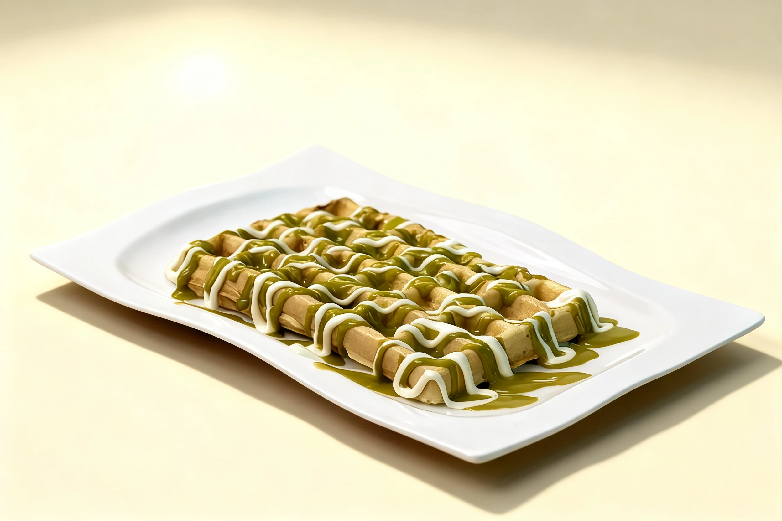 A rectangular Belgian waffle drizzled with alternating patterns of green pistachio cream and white chocolate sauce.