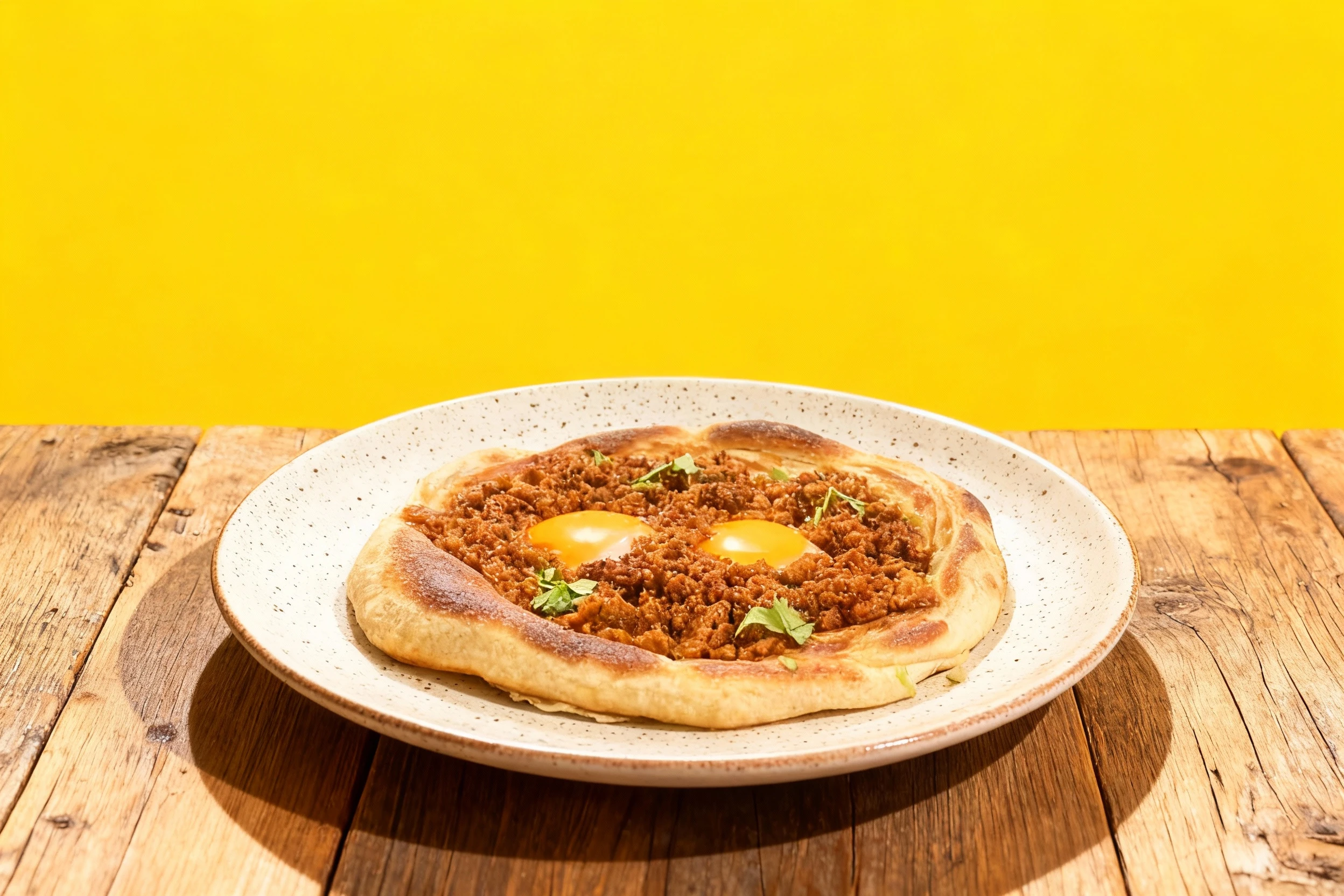 A savory flatbread topped with a layer of seasoned ground meat and two bright raw egg yolks, garnished sparingly with fresh herbs, presented on a speckled ceram