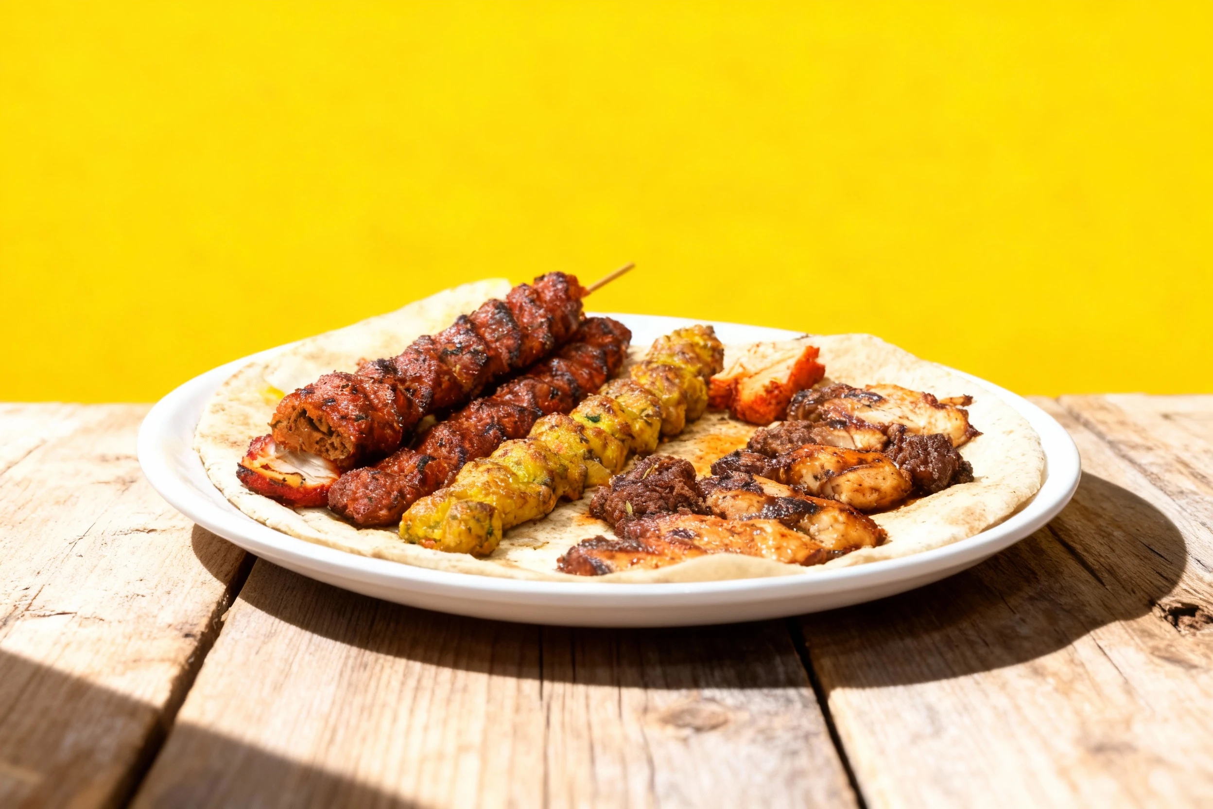 A mixed kebab platter served on flatbread, featuring two skewers of deep red seasoned ground meat, one skewer of yellow-green seasoned kebab, and various pieces