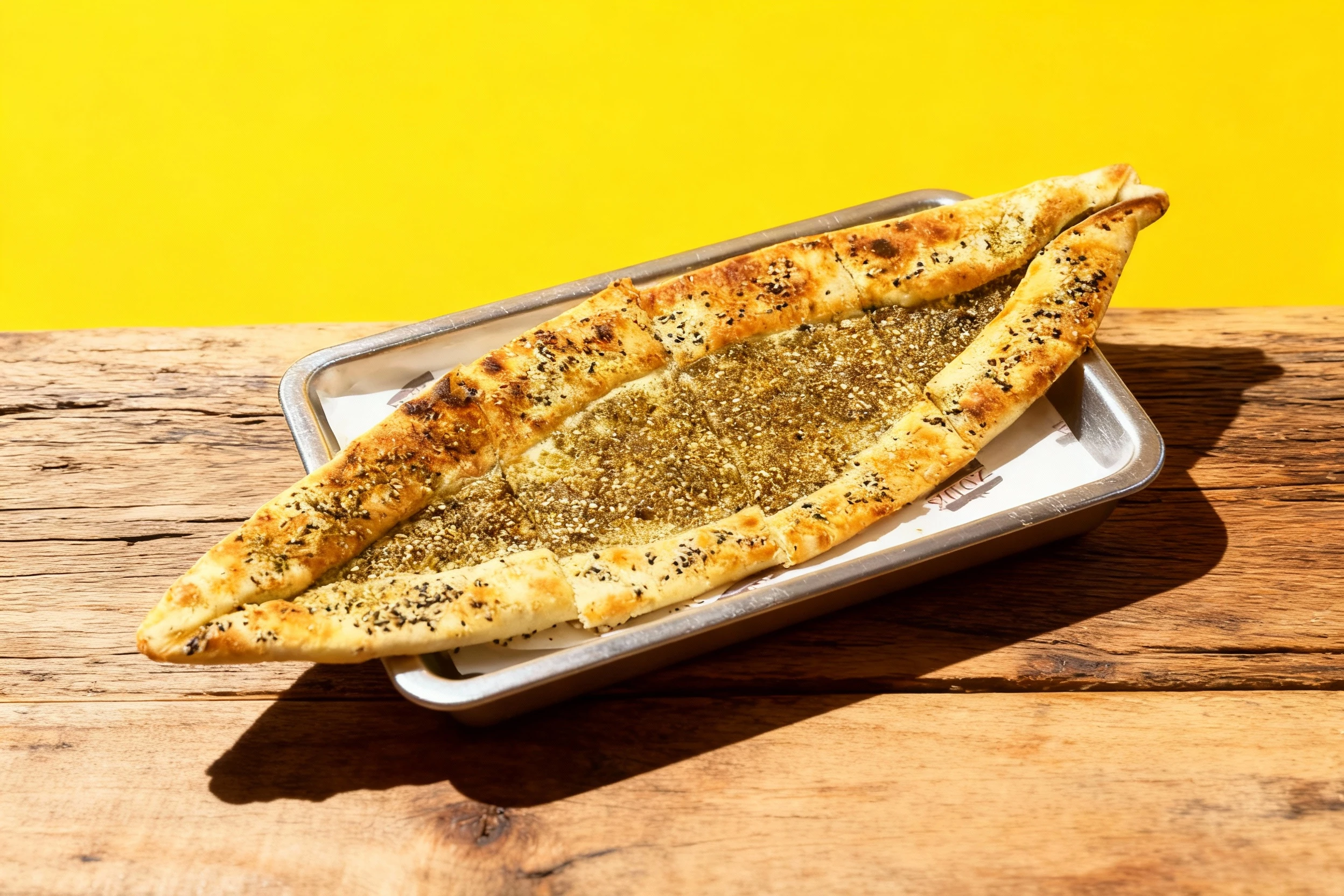 A boat-shaped baked flatbread (likely Manakish or Pide) featuring a generous central topping of Za'atar spice blend, framed by a golden crust heavily garnished