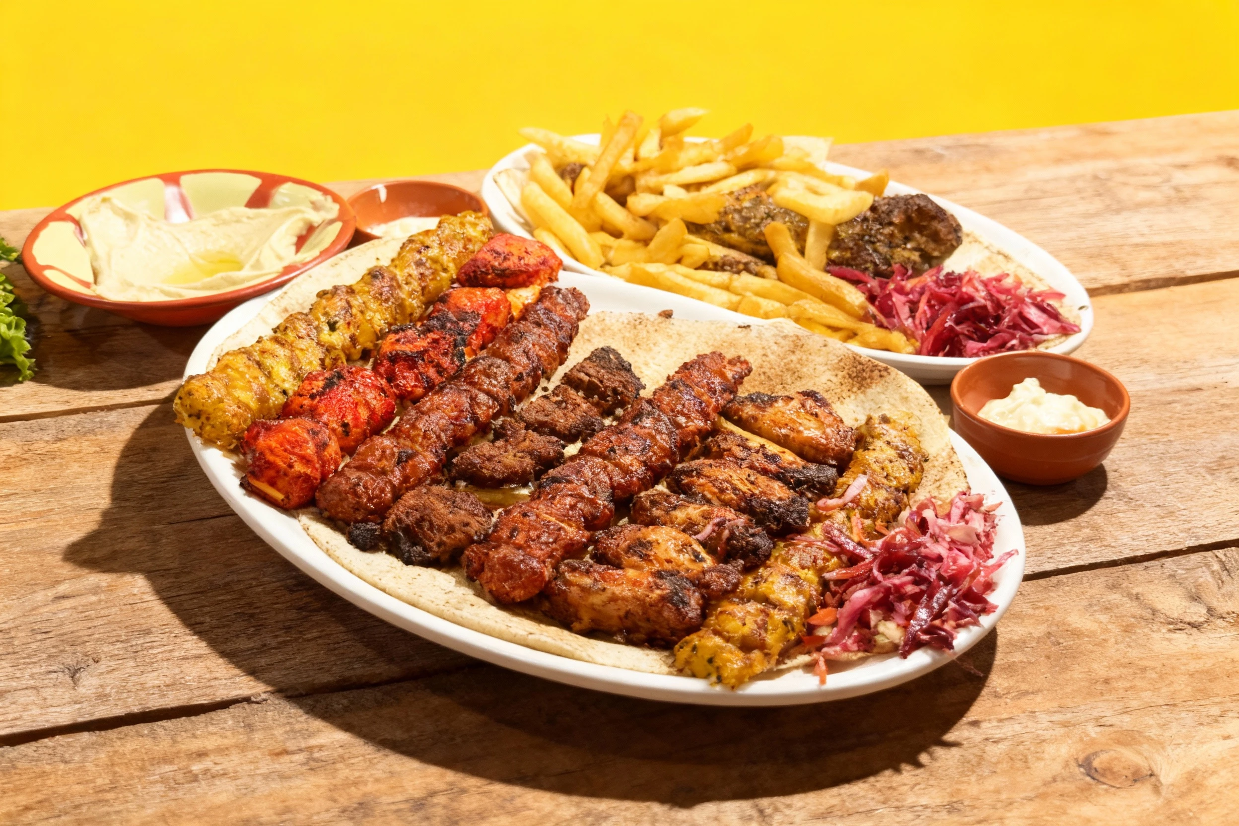 A mixed grill platter featuring various skewers of seasoned meats (likely chicken tikka, kofta, and shish kebab) and chicken wings served over large flatbread,