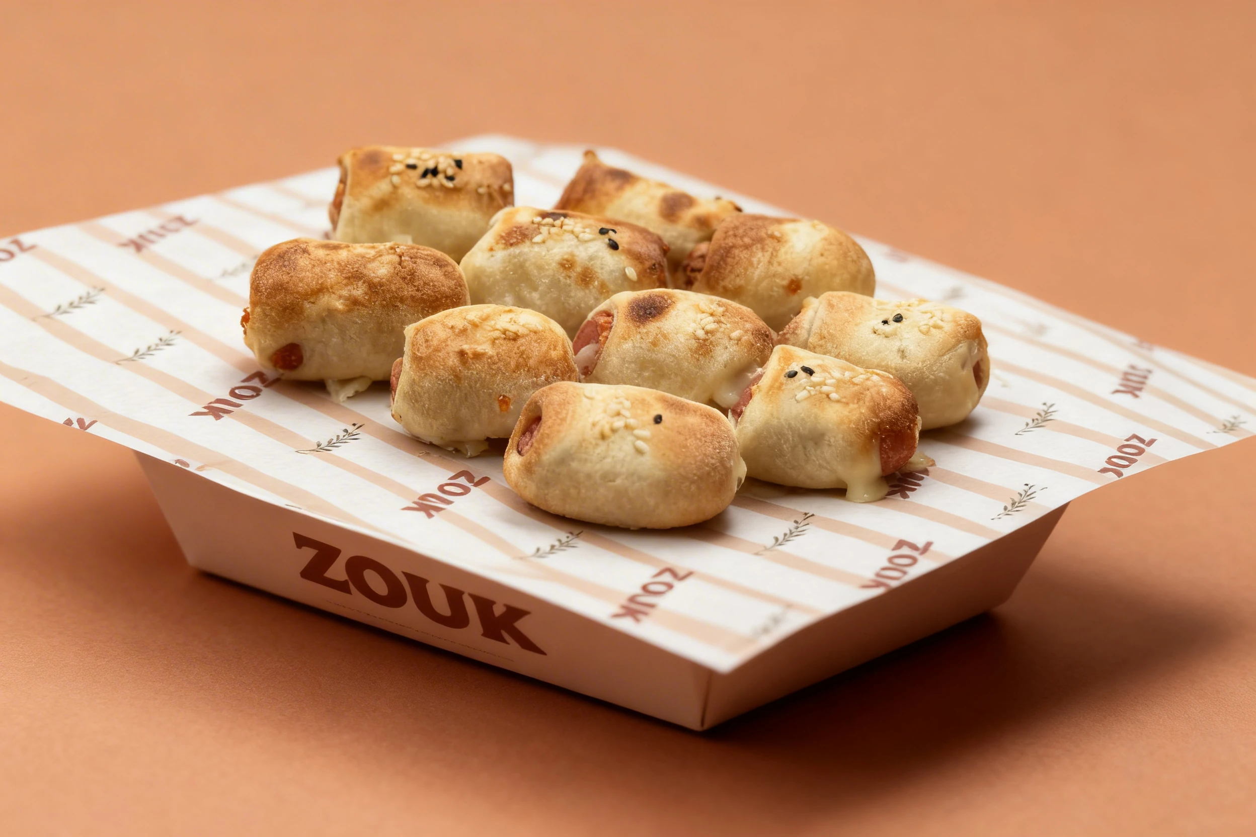 Miniature toasted dough rolls filled with sausage and melted cheese, topped with black and white sesame seeds.