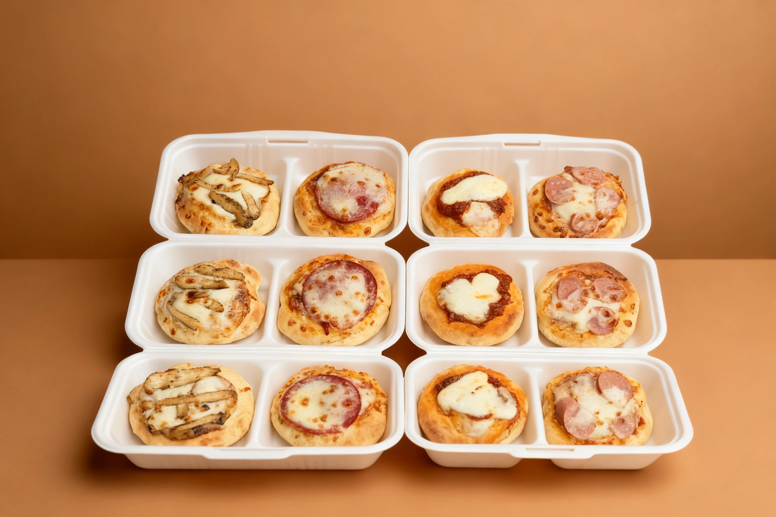 A grid of sixteen mini pizzas featuring four varieties: grilled chicken, pepperoni, margherita with fresh mozzarella, and sliced sausage.