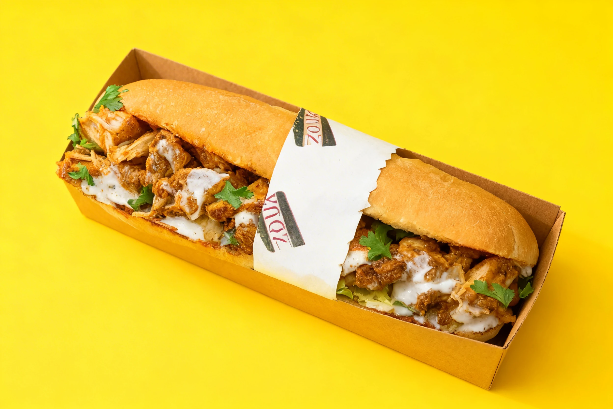 A chicken tikka sub sandwich filled with spiced chicken pieces, white sauce, and fresh cilantro sprigs inside a toasted baguette.