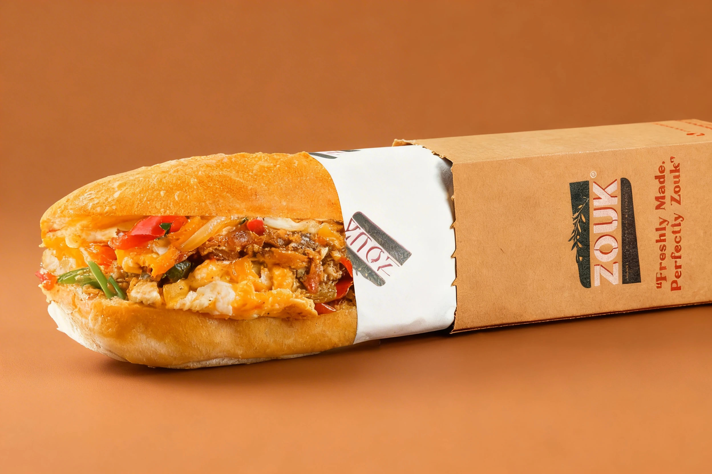 A long baguette sandwich filled with scrambled eggs, melted cheese, and sauteed vegetables including peppers and onions.