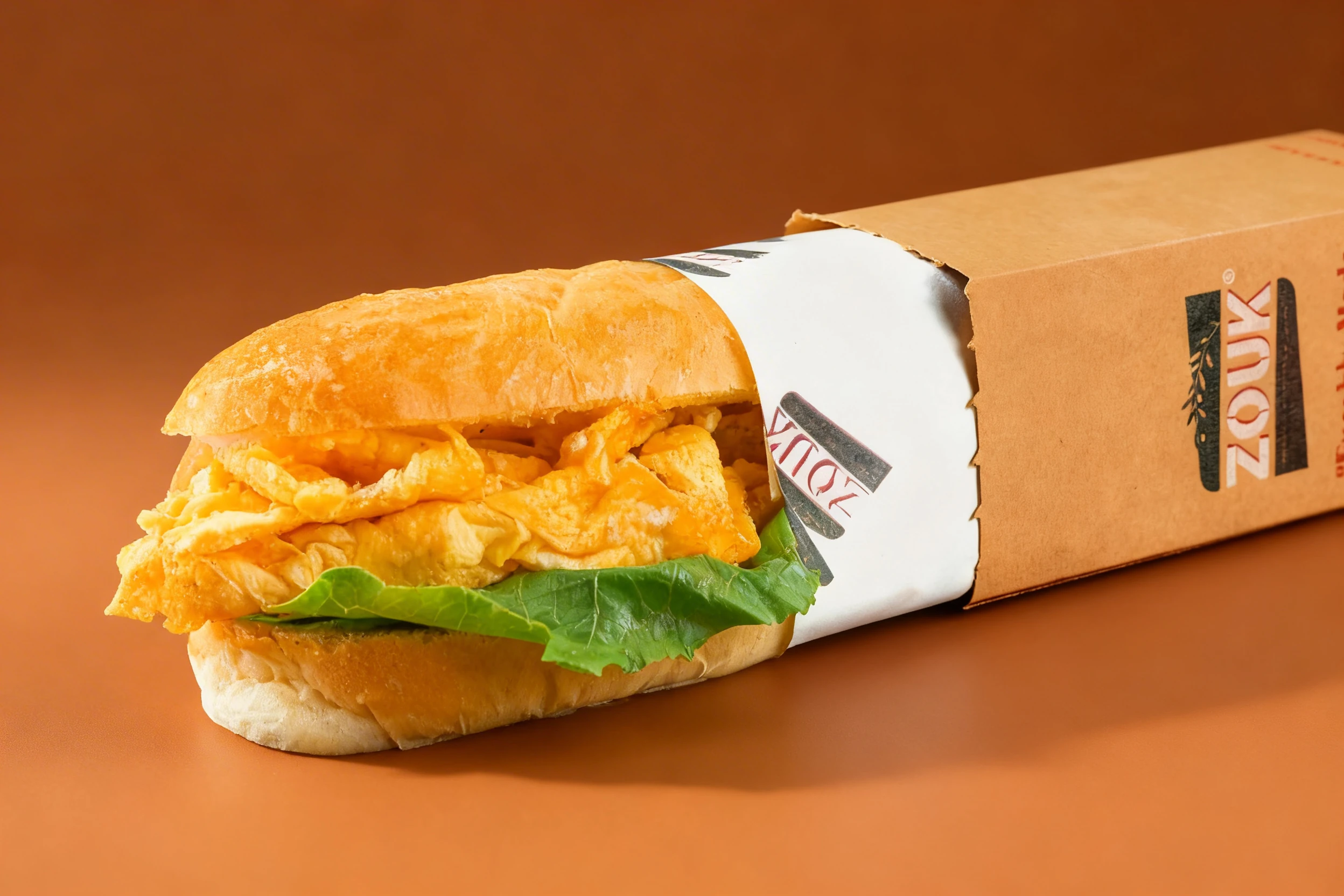 Breakfast sandwich on a toasted baguette filled with fluffy scrambled eggs and fresh lettuce.