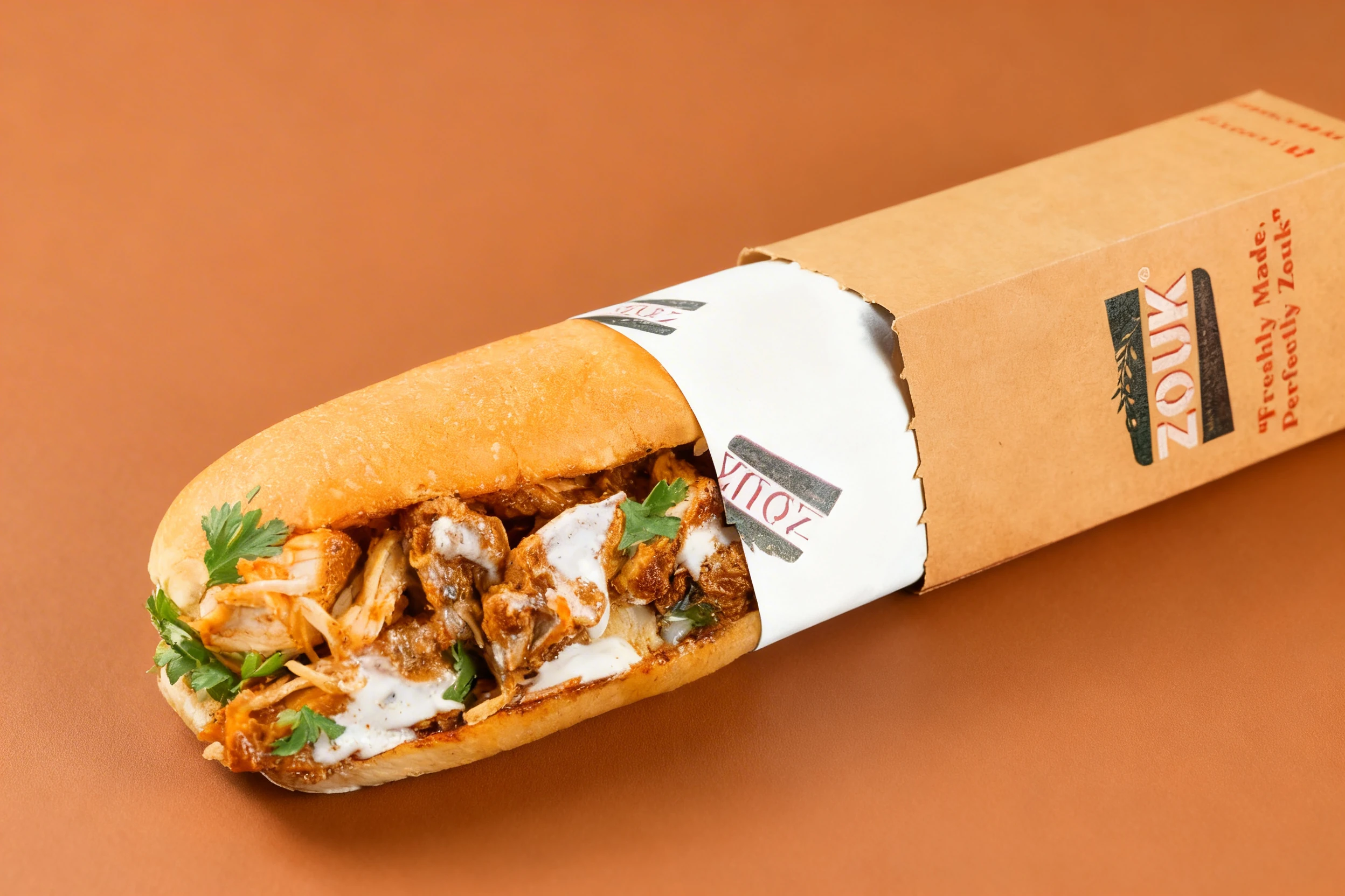 Chicken tikka sandwich in a toasted roll with white sauce and fresh cilantro garnishing.