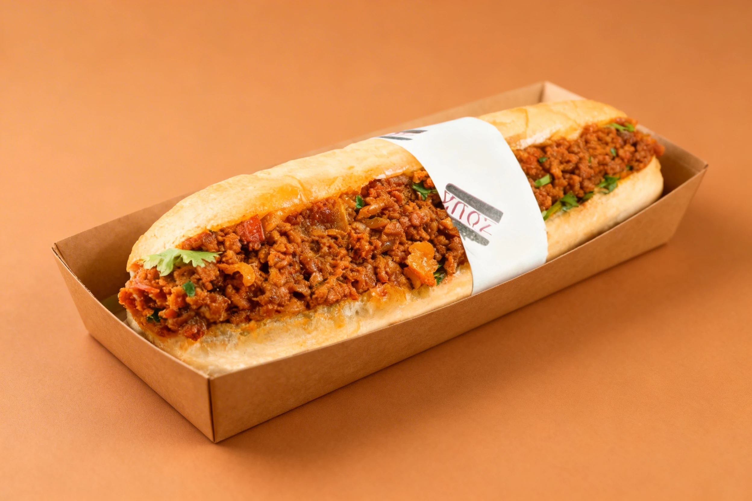 A long baguette sandwich filled with seasoned ground meat and fresh herbs.