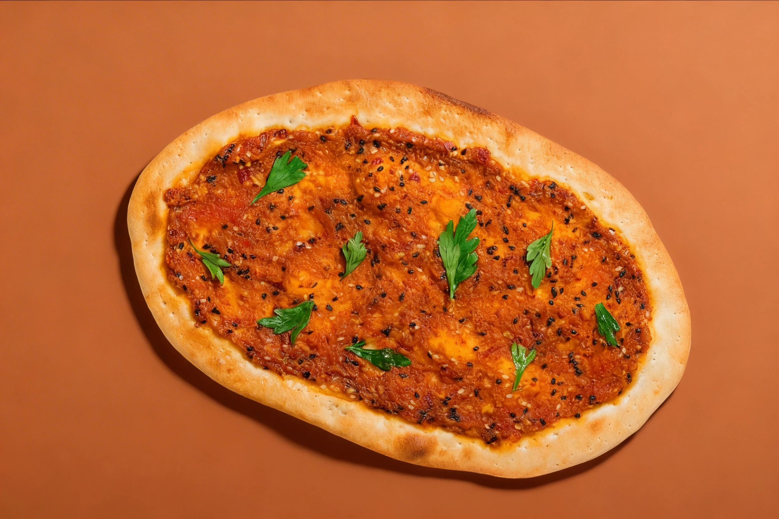 An oval flatbread topped with a spiced red pepper and tomato spread, garnished with black nigella seeds, sesame seeds, and fresh parsley leaves.