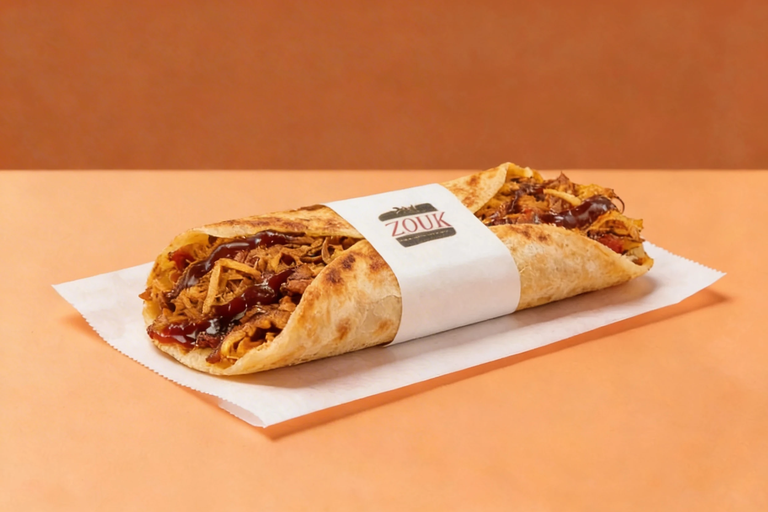 A toasted wrap filled with spiced chicken pieces, crunchy potato chips, and a drizzle of red chili sauce.