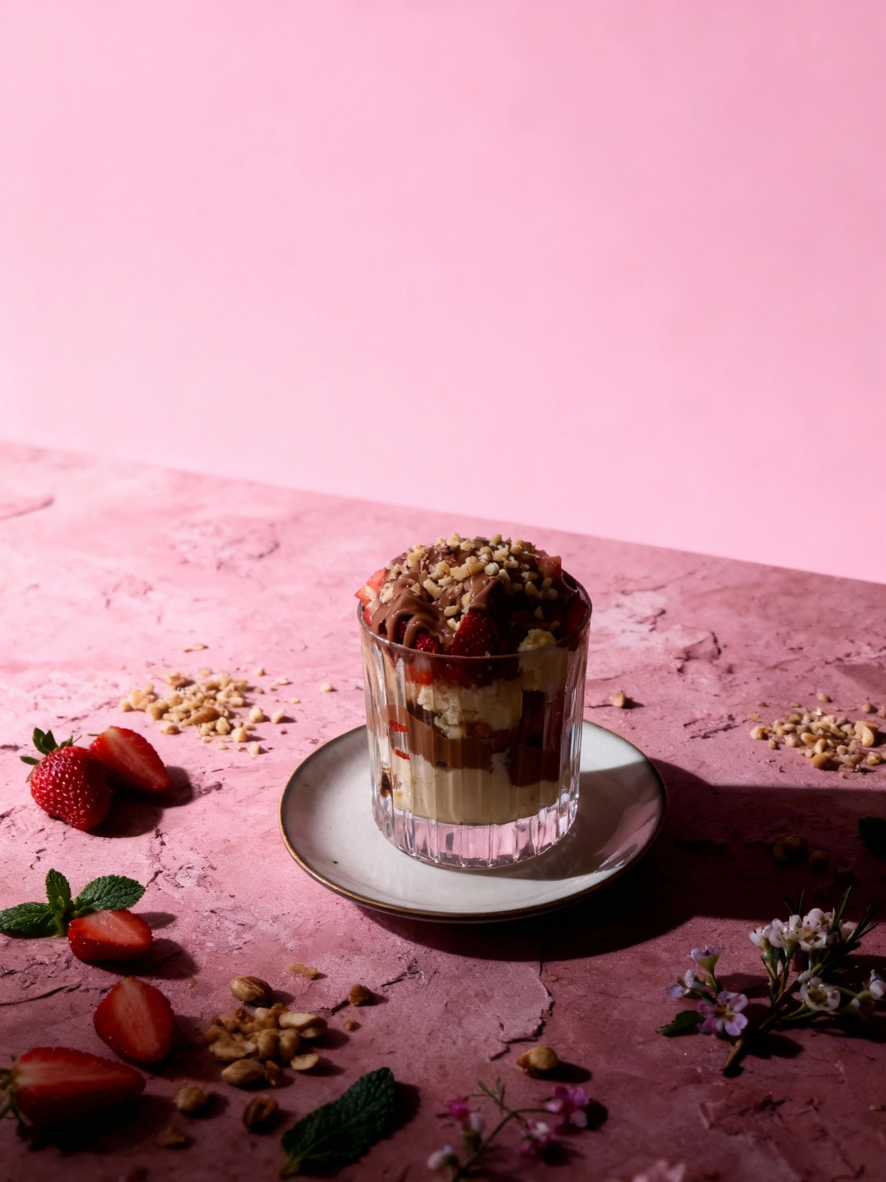 A layered dessert in a ribbed glass containing vanilla cream, chocolate hazelnut spread, and fresh strawberry slices, topped with drizzled chocolate and crushed