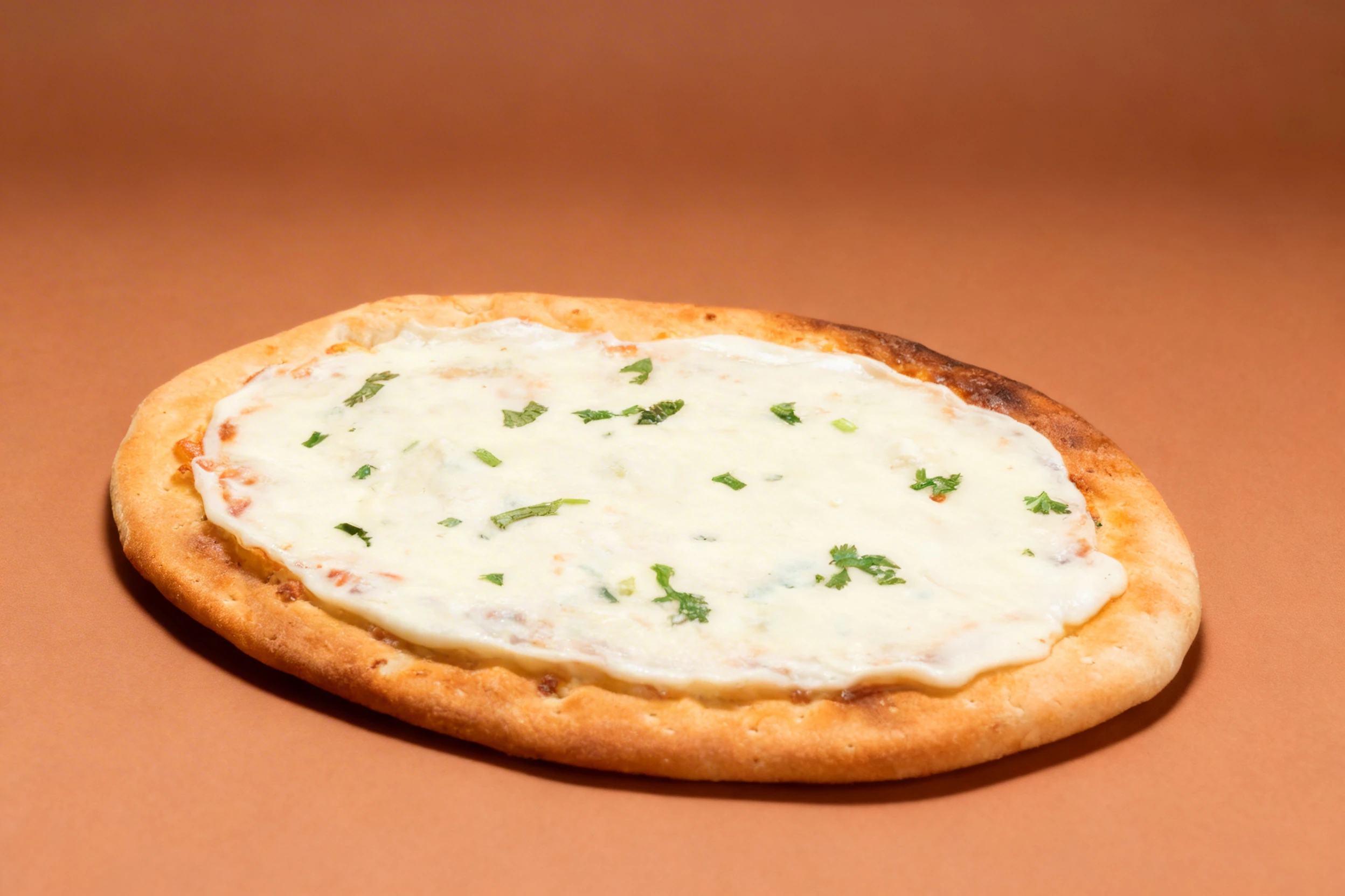 Oval flatbread topped with a thick layer of melted white cheese and a sparse garnish of chopped fresh cilantro.