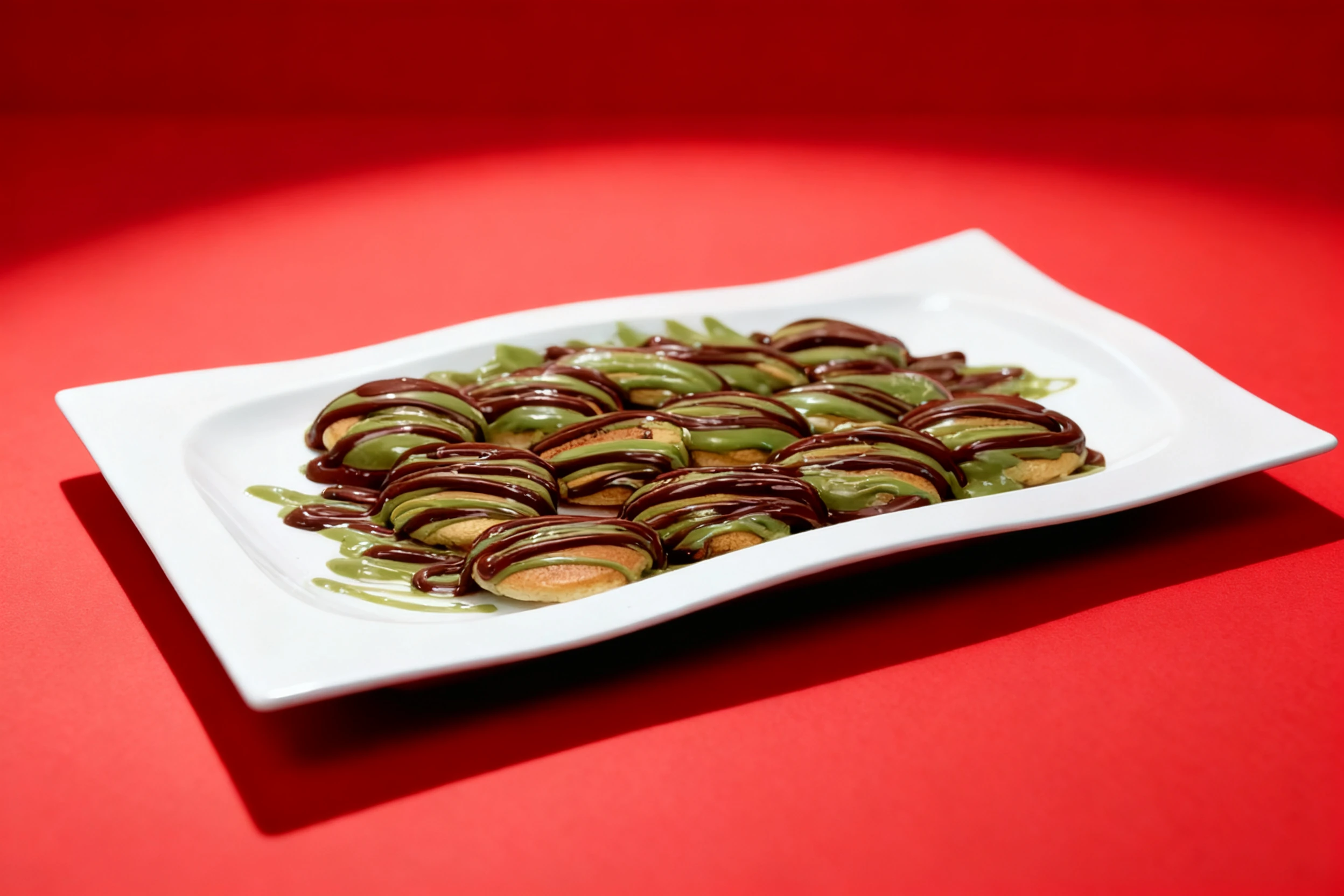 Mini pancakes drizzled with chocolate sauce and a green pistachio or matcha cream topping, served on a white rectangular plate.