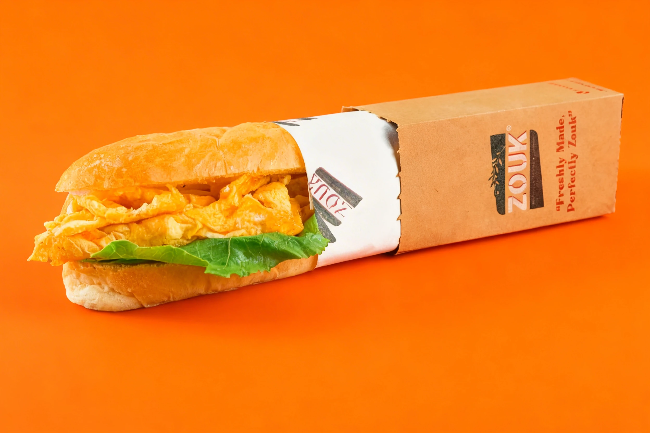 Breakfast sandwich on a toasted long roll filled with fluffy scrambled eggs and a fresh green lettuce leaf.