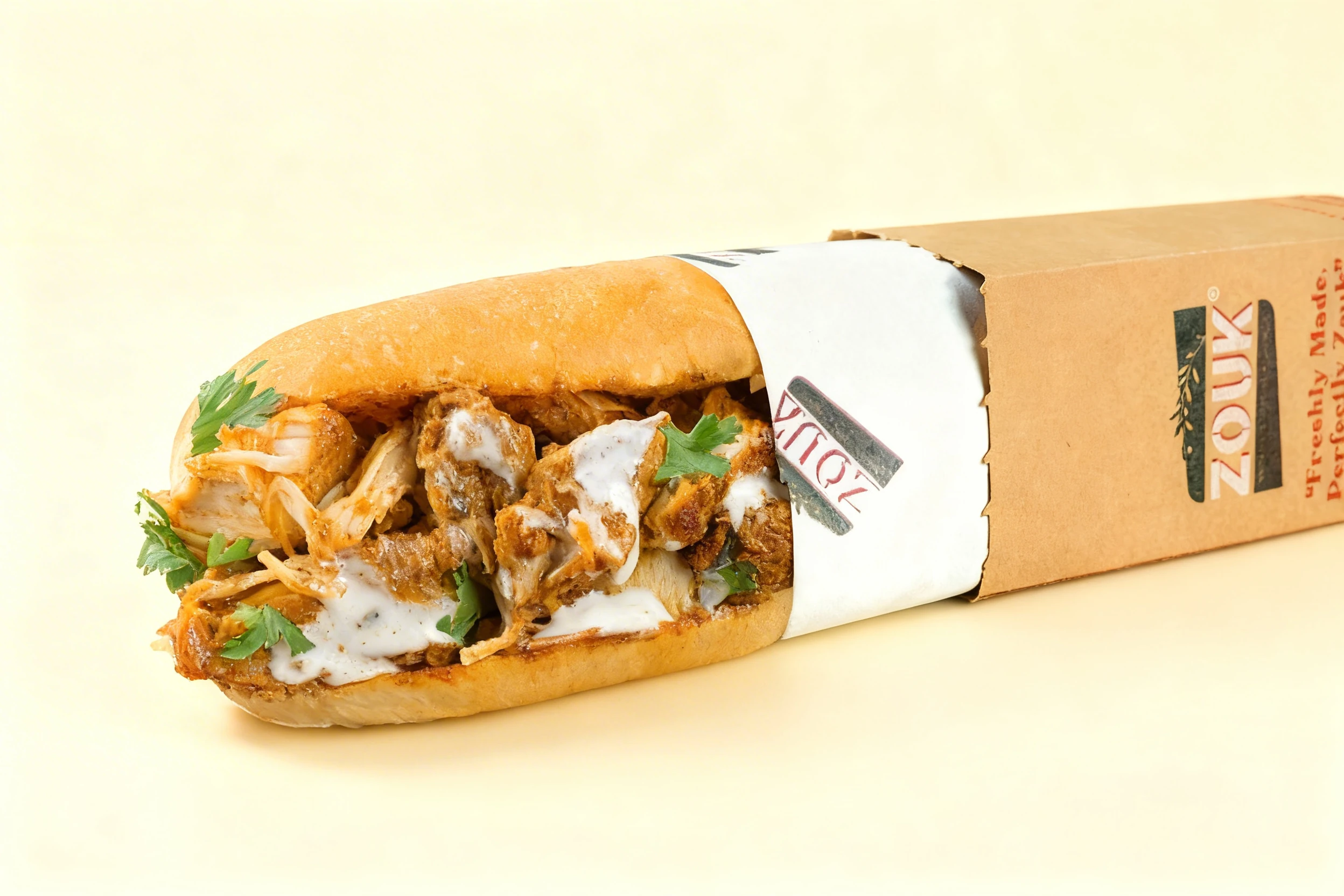 A chicken sandwich in a long bun filled with seasoned poultry, white garlic sauce, and fresh cilantro sprigs.