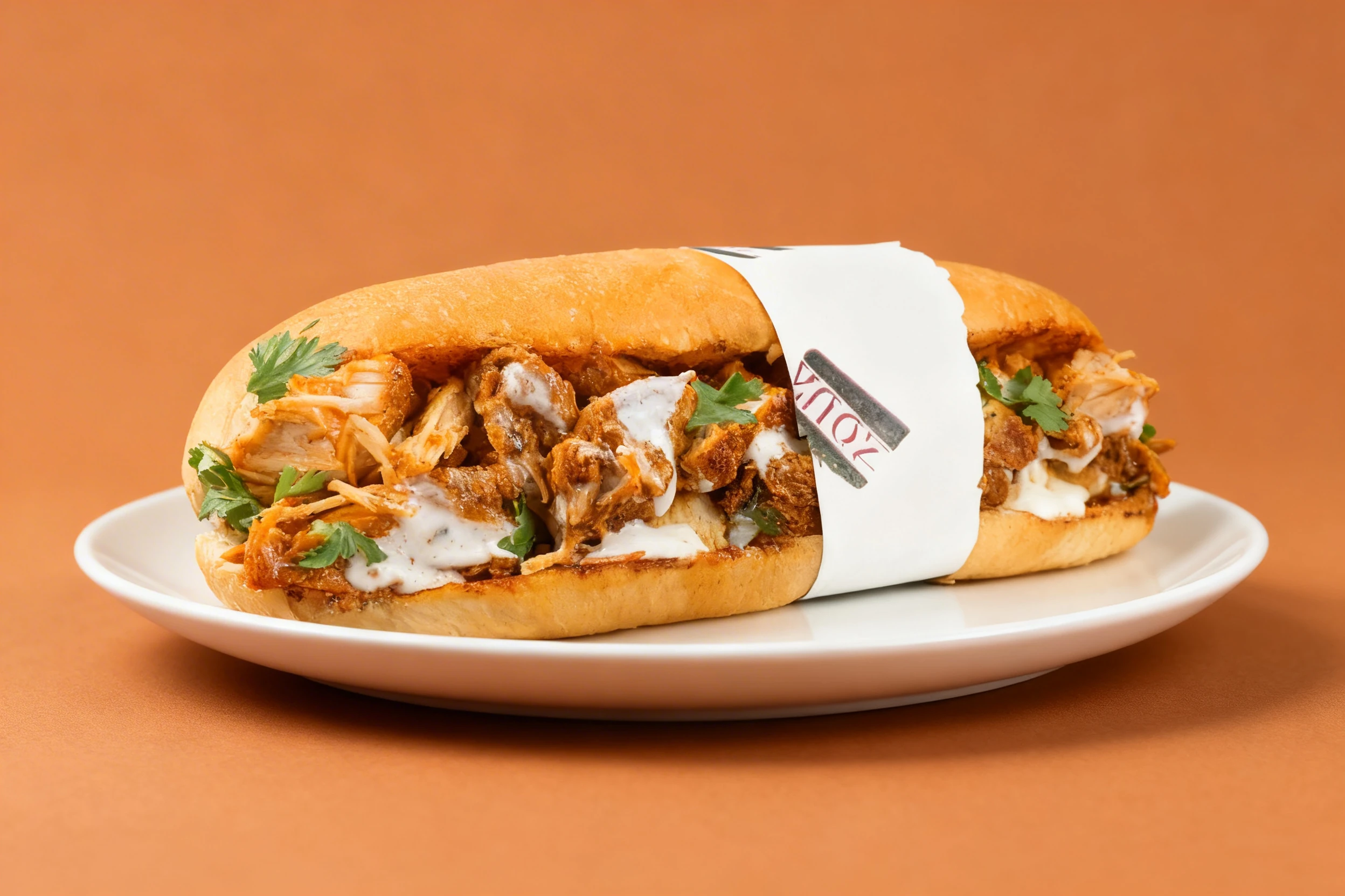 A long sandwich roll filled with spiced shredded chicken, creamy white sauce, and fresh cilantro sprigs.