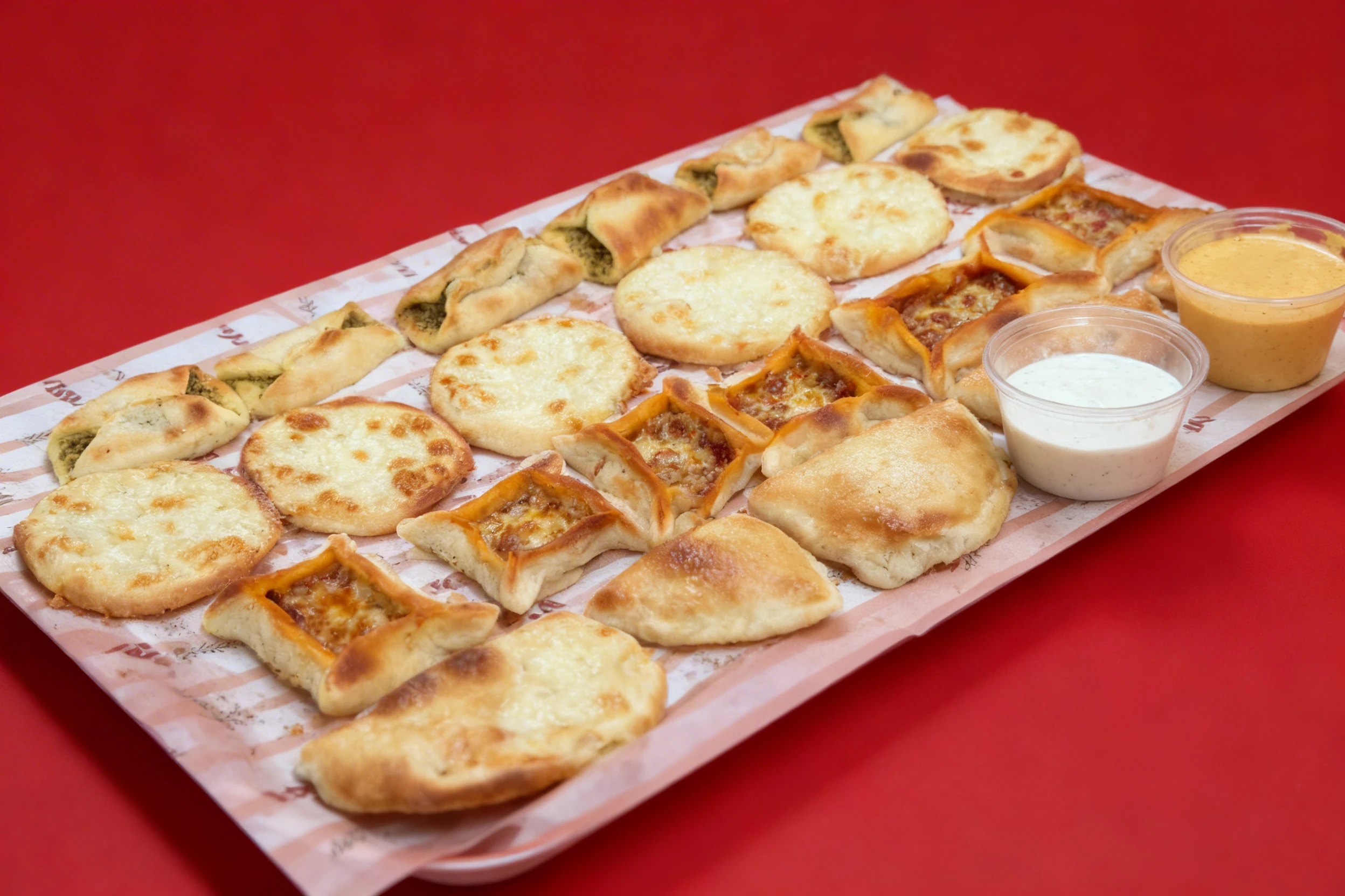 An assortment of Lebanese pastries including za'atar manakish, cheese flatbreads, and meat sfeeha served with three different dipping sauces.