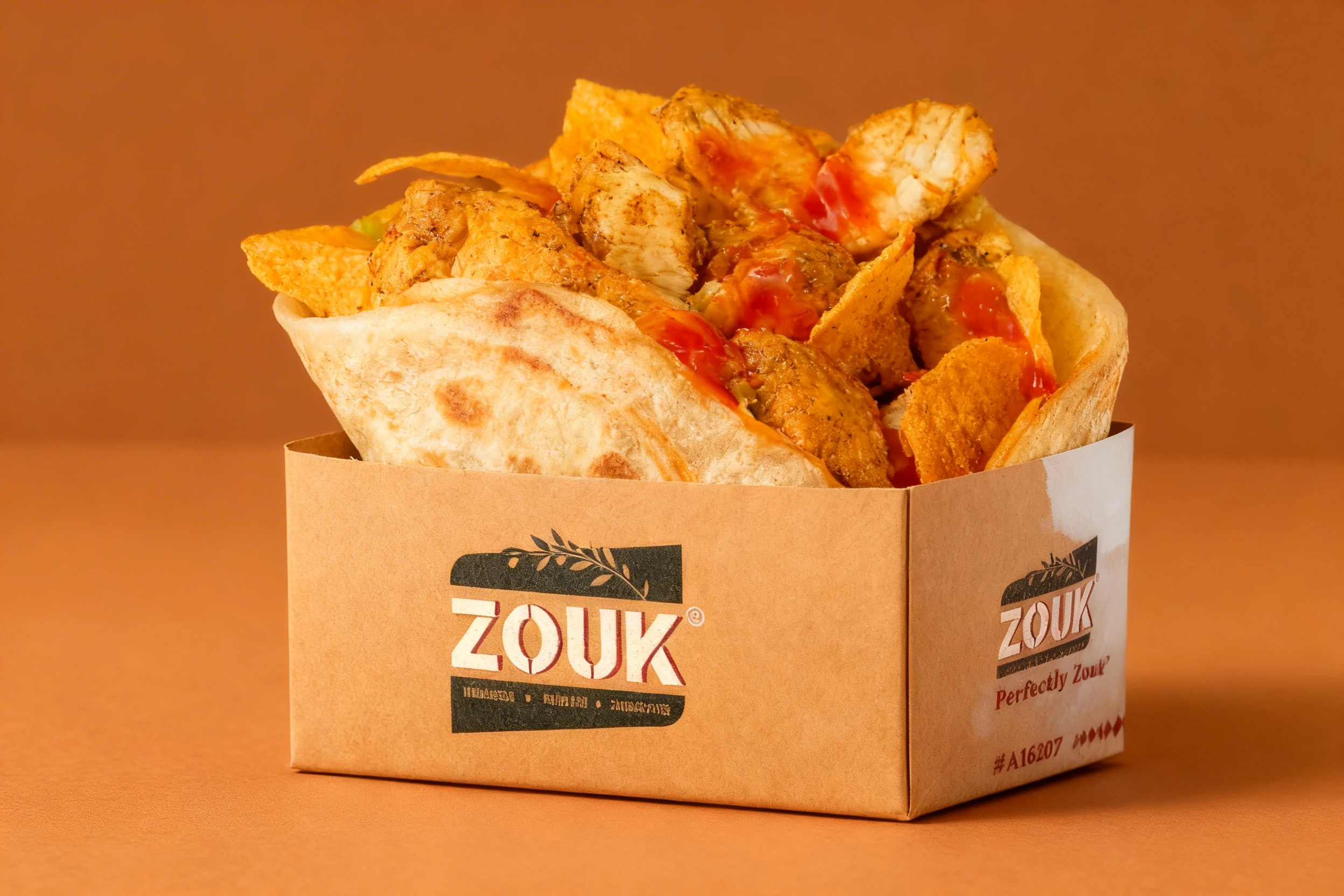 A chicken paratha wrap filled with spiced grilled chicken pieces, tortilla chips, and a drizzle of red chili sauce.