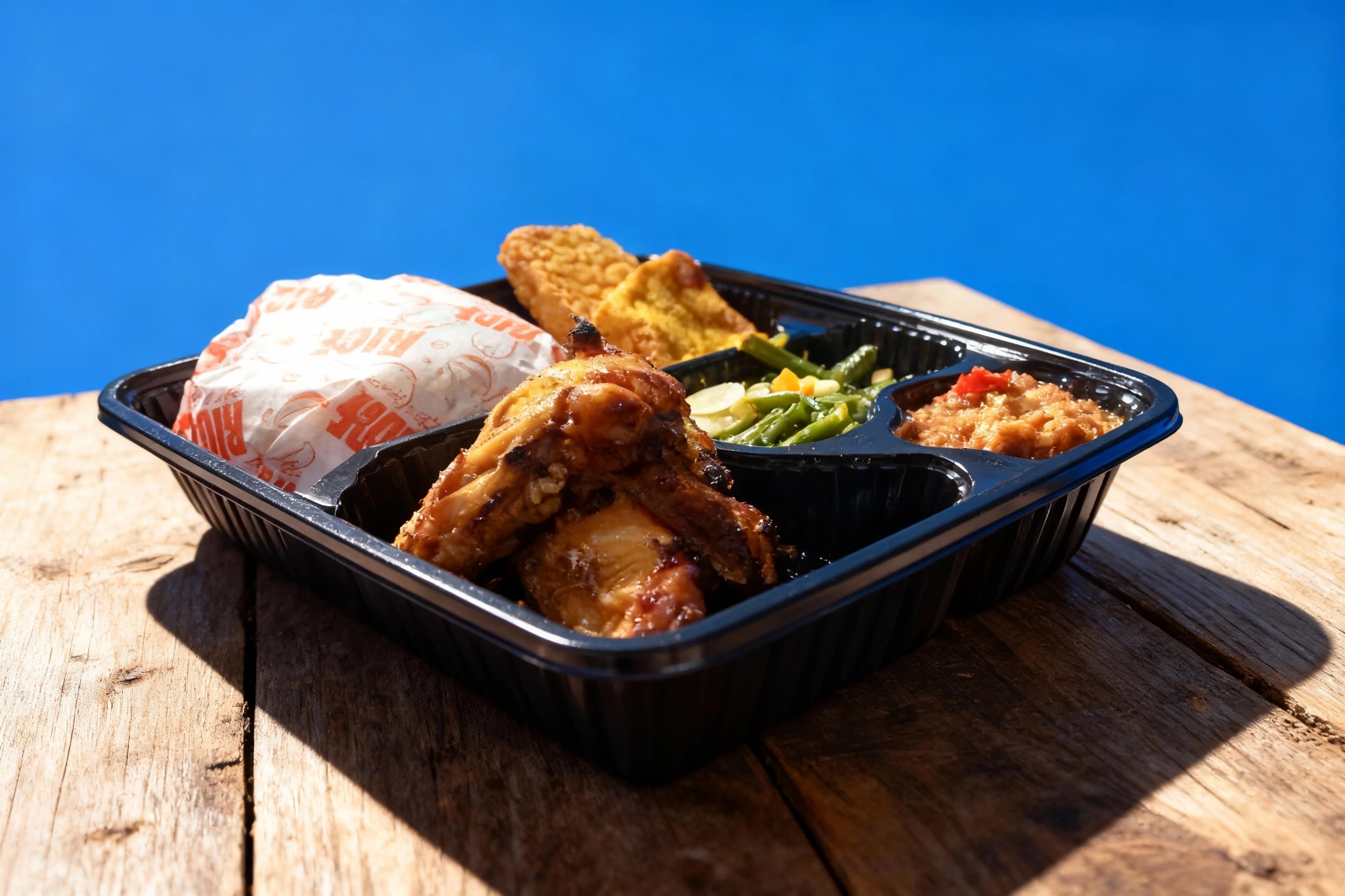 Indonesian bento box featuring roasted chicken, fried tempeh and tofu, sautéed green beans, sambal, and a portion of rice wrapped in branded paper.
