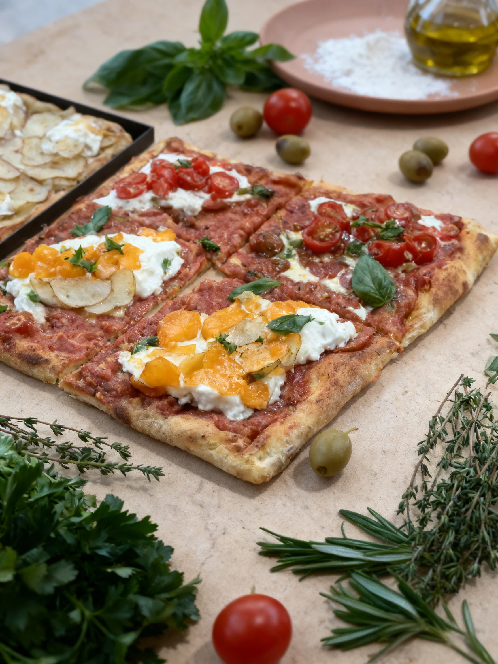Assortment of rectangular pizza al taglio topped with fresh cherry tomatoes, creamy burrata cheese, basil, and thinly sliced potatoes.
