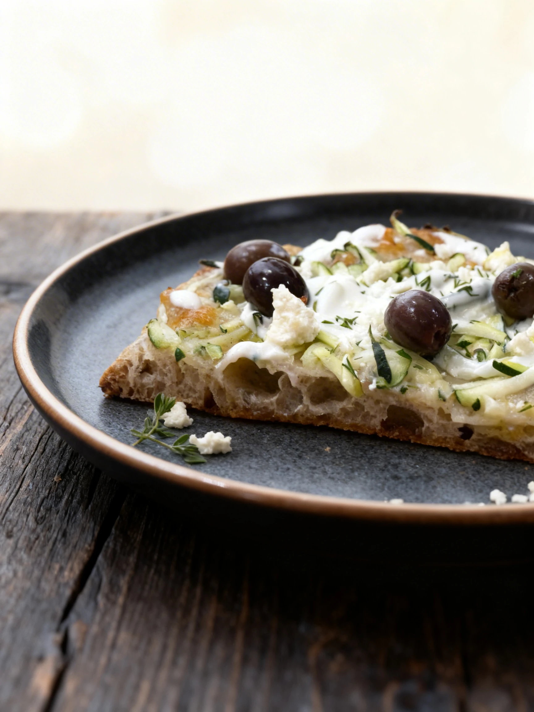 A slice of focaccia-style pizza topped with shredded zucchini, whole Kalamata olives, crumbled feta cheese, and a creamy white sauce drizzle.