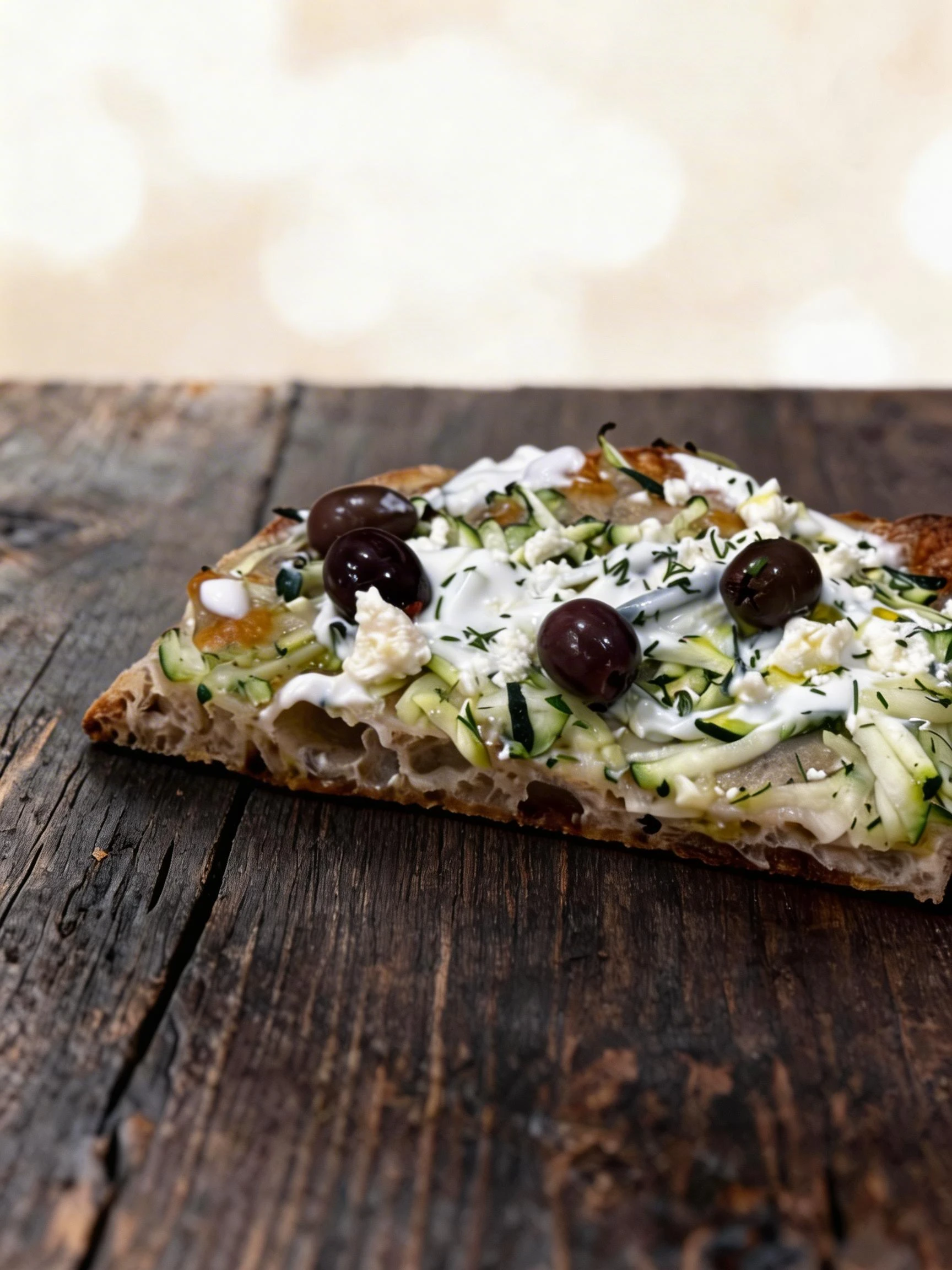 A slice of focaccia-style pizza topped with shredded zucchini, whole Kalamata olives, crumbled feta cheese, and a creamy white sauce drizzle.