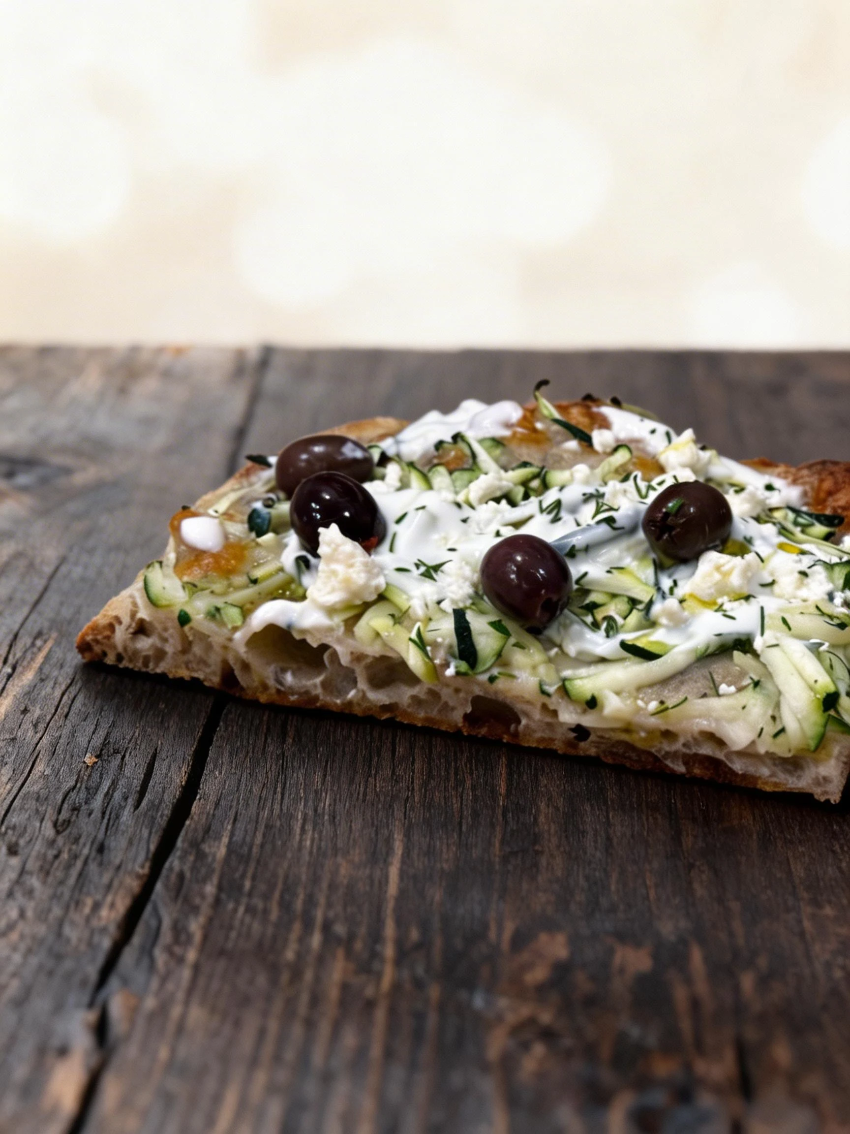A slice of focaccia-style pizza topped with shredded zucchini, whole Kalamata olives, crumbled feta cheese, and a creamy white sauce drizzle.