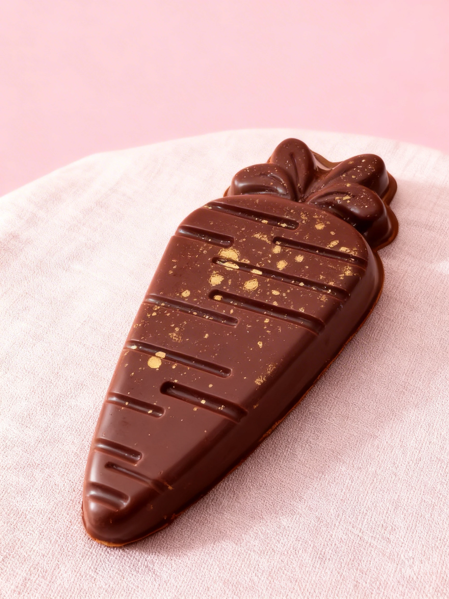 A molded dark chocolate carrot decorated with gold luster dust splatters.