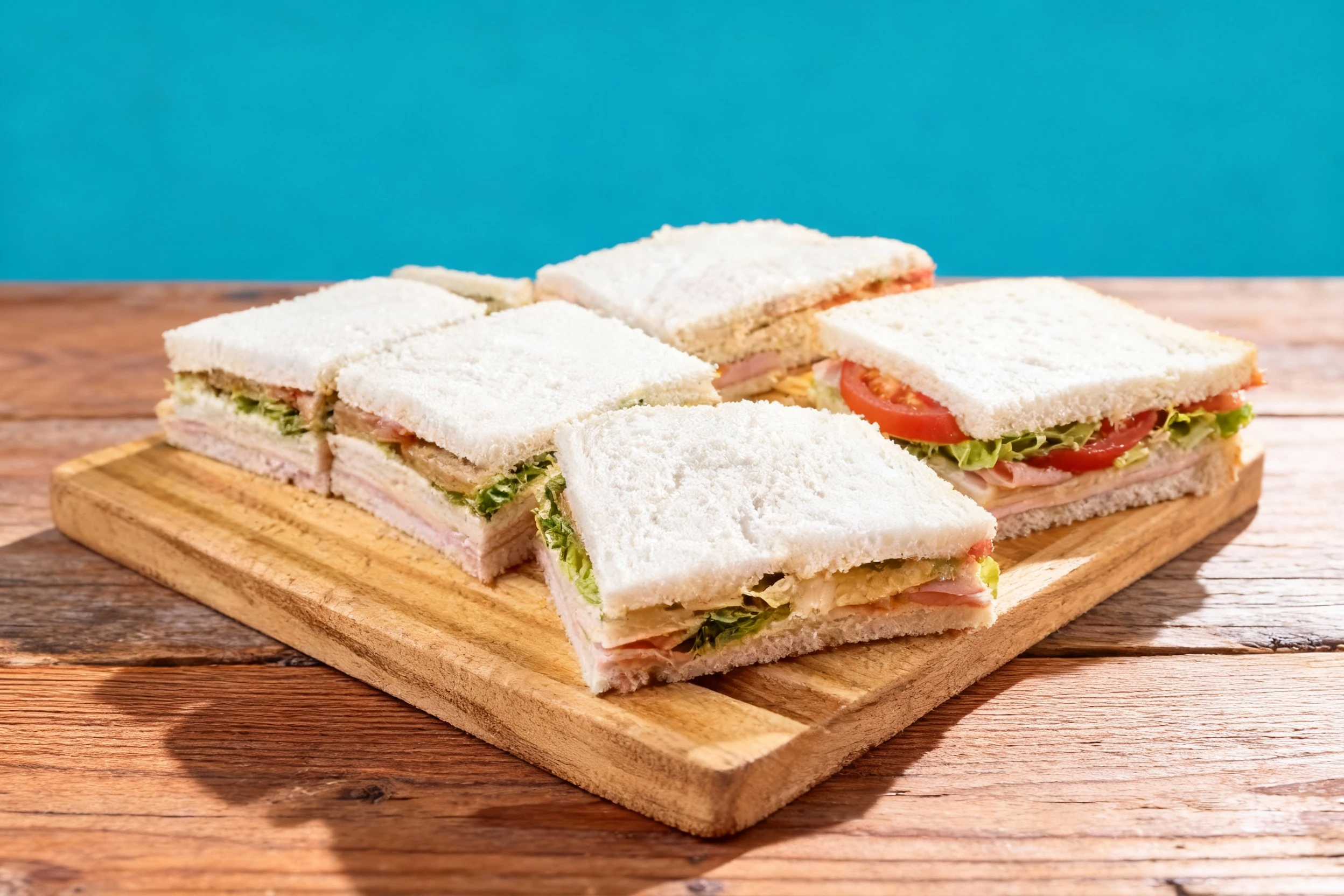 Multiple tea sandwiches made with white bread, sliced ham, fresh lettuce, and tomato slices on a wooden cutting board.