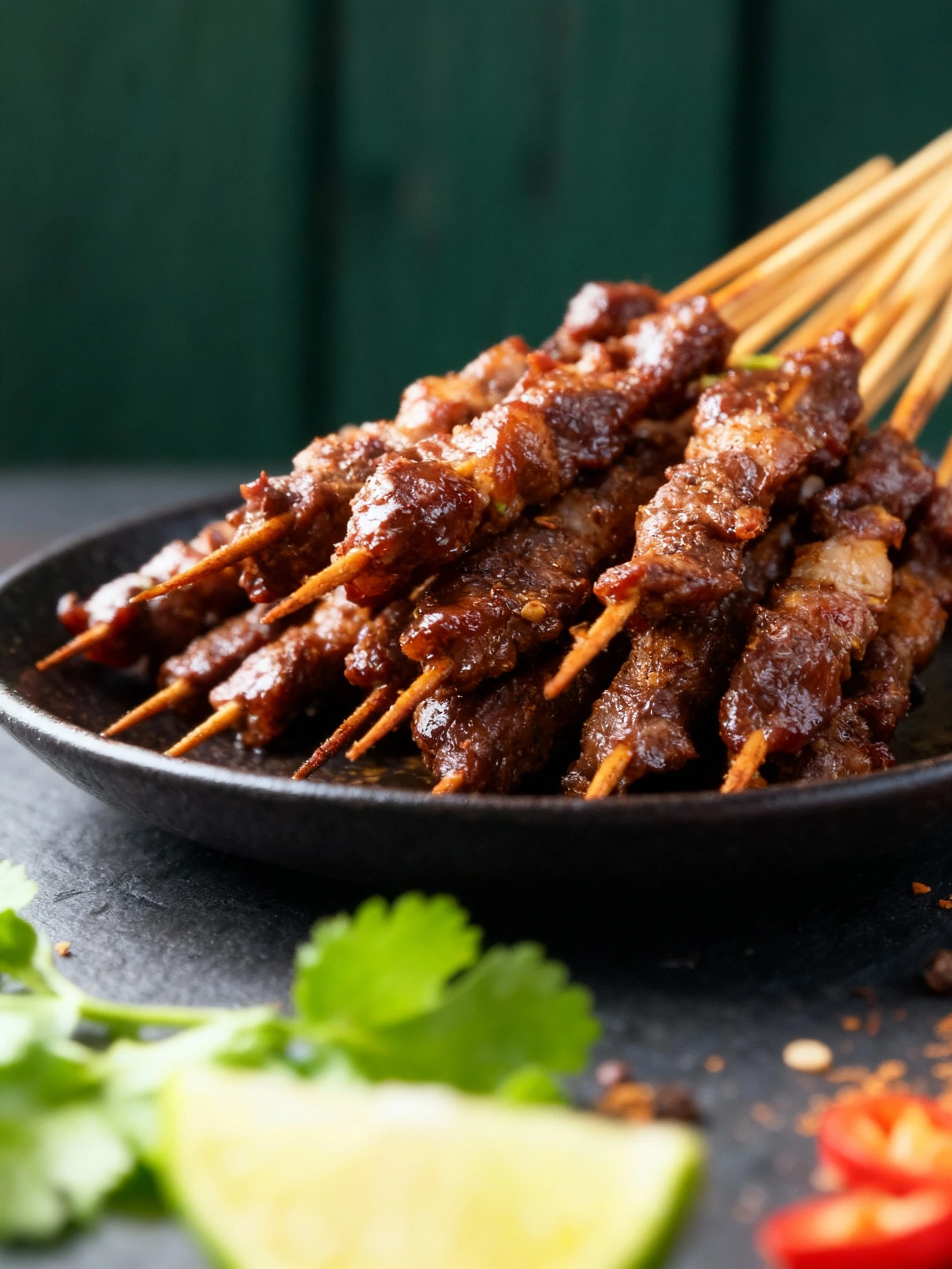 A large pile of dark, glossy grilled or barbecued skewered meat is shown, dimly lit, with a tall green stalk garnish placed behind it.
