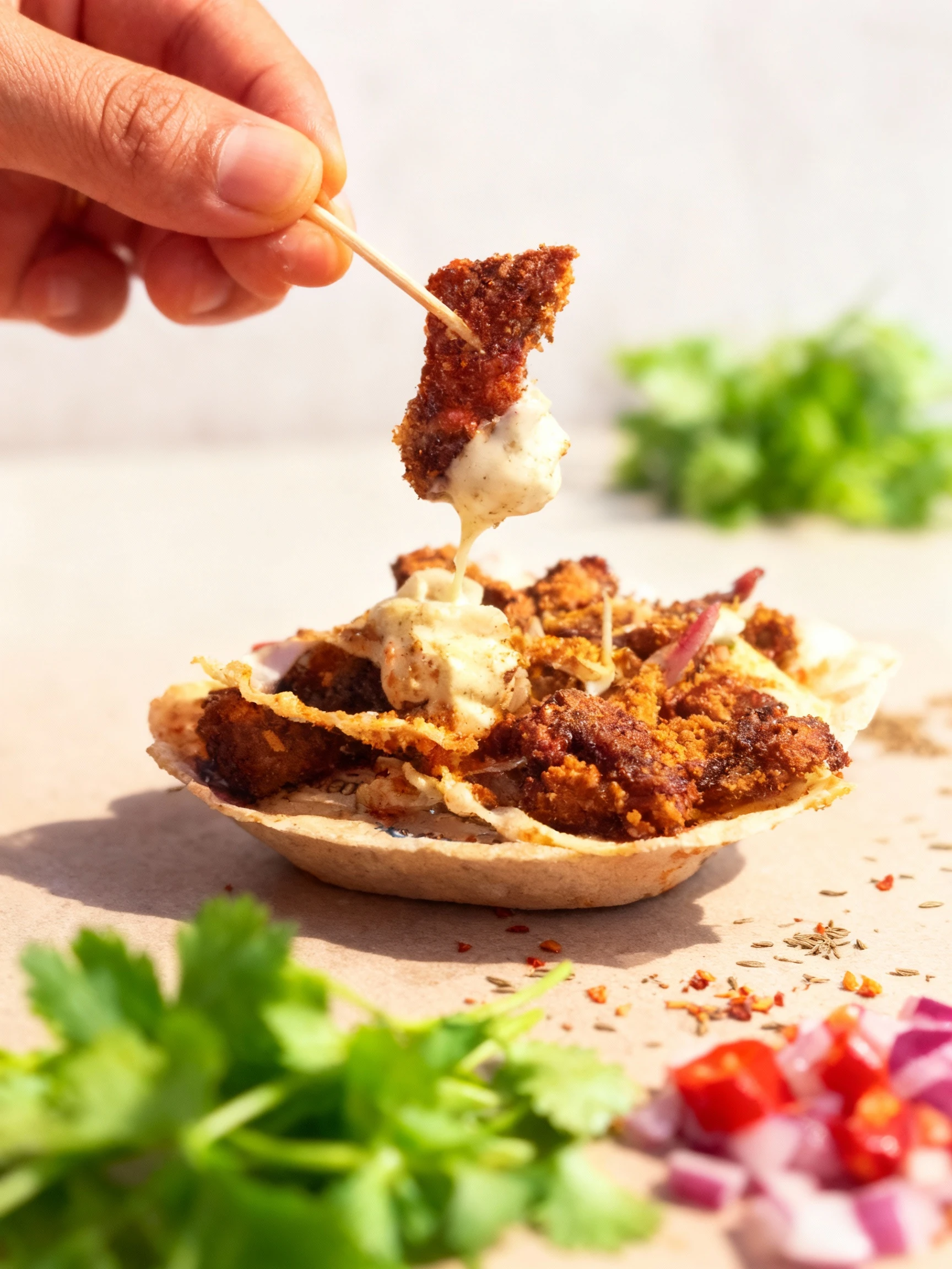 A close-up of a street food item, likely containing heavily seasoned and spiced meat or fried components, topped with a white sauce or dressing, and served with