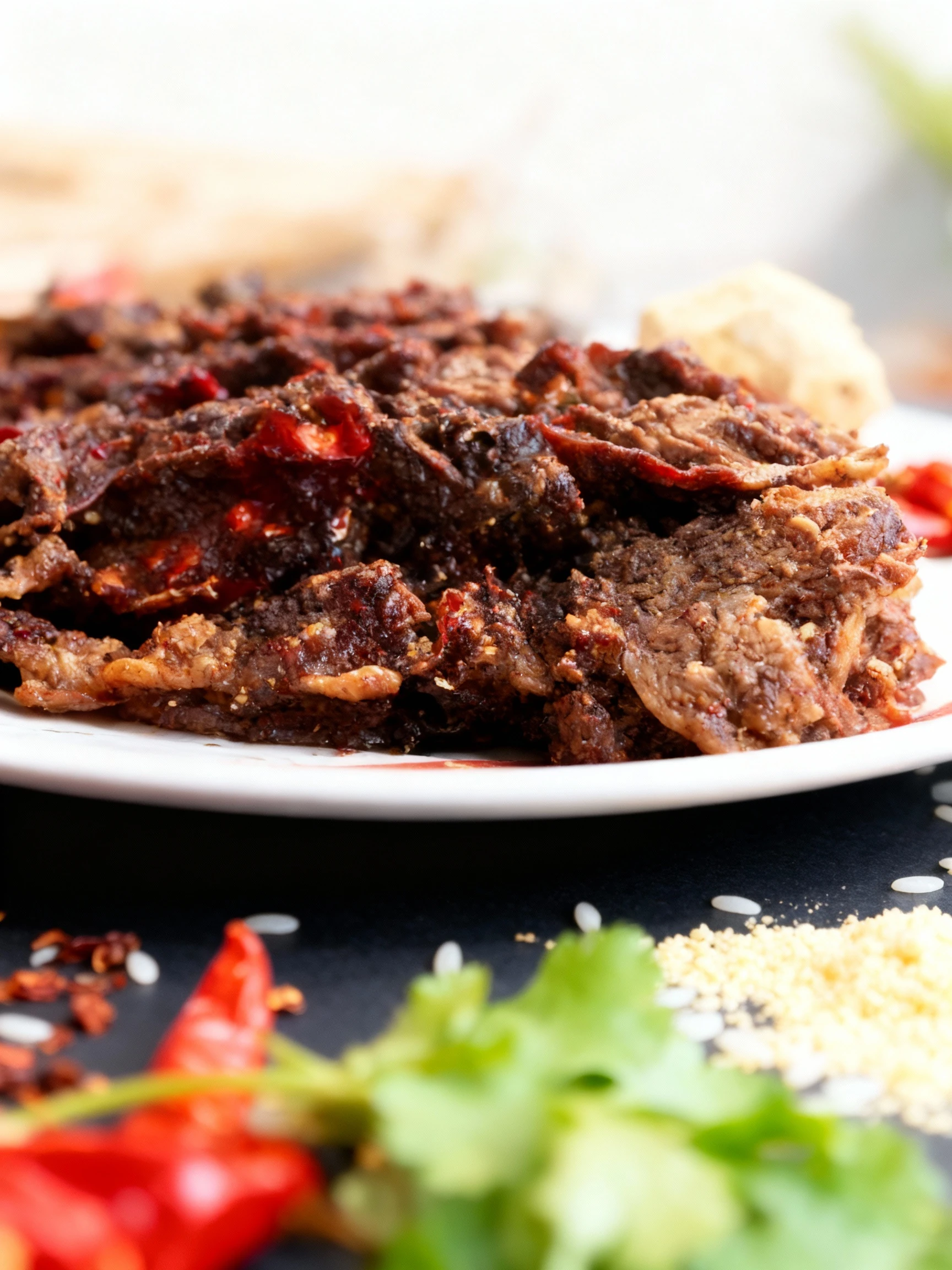 A large portion of dark, possibly stewed or heavily seasoned meat served with a side of red peppers and a piece of white, unidentified food, all resting on what