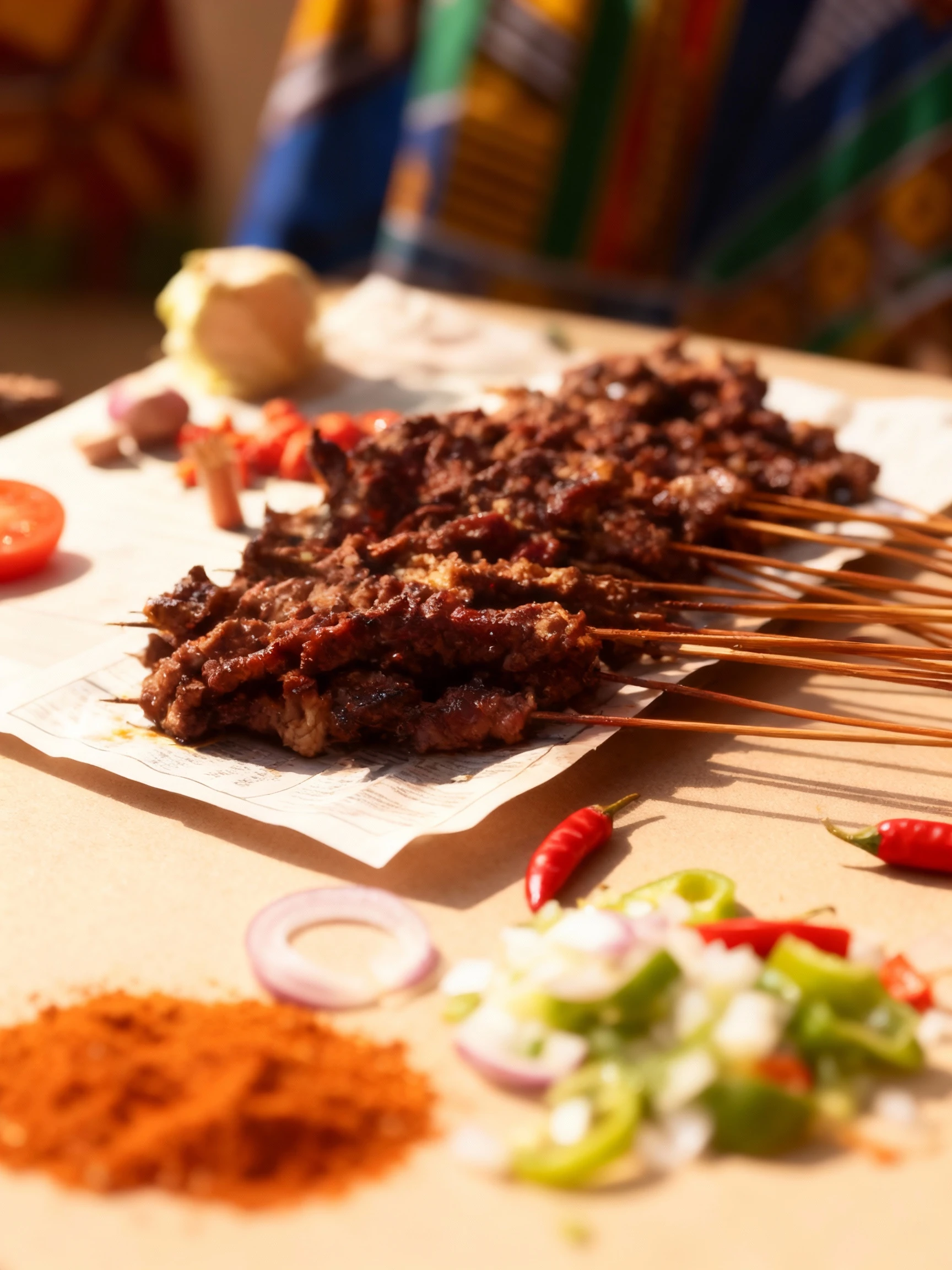 Grilled or roasted pieces of meat (likely Suya) are piled on paper and surrounded by numerous wooden skewers. The presentation includes bright red chili peppers