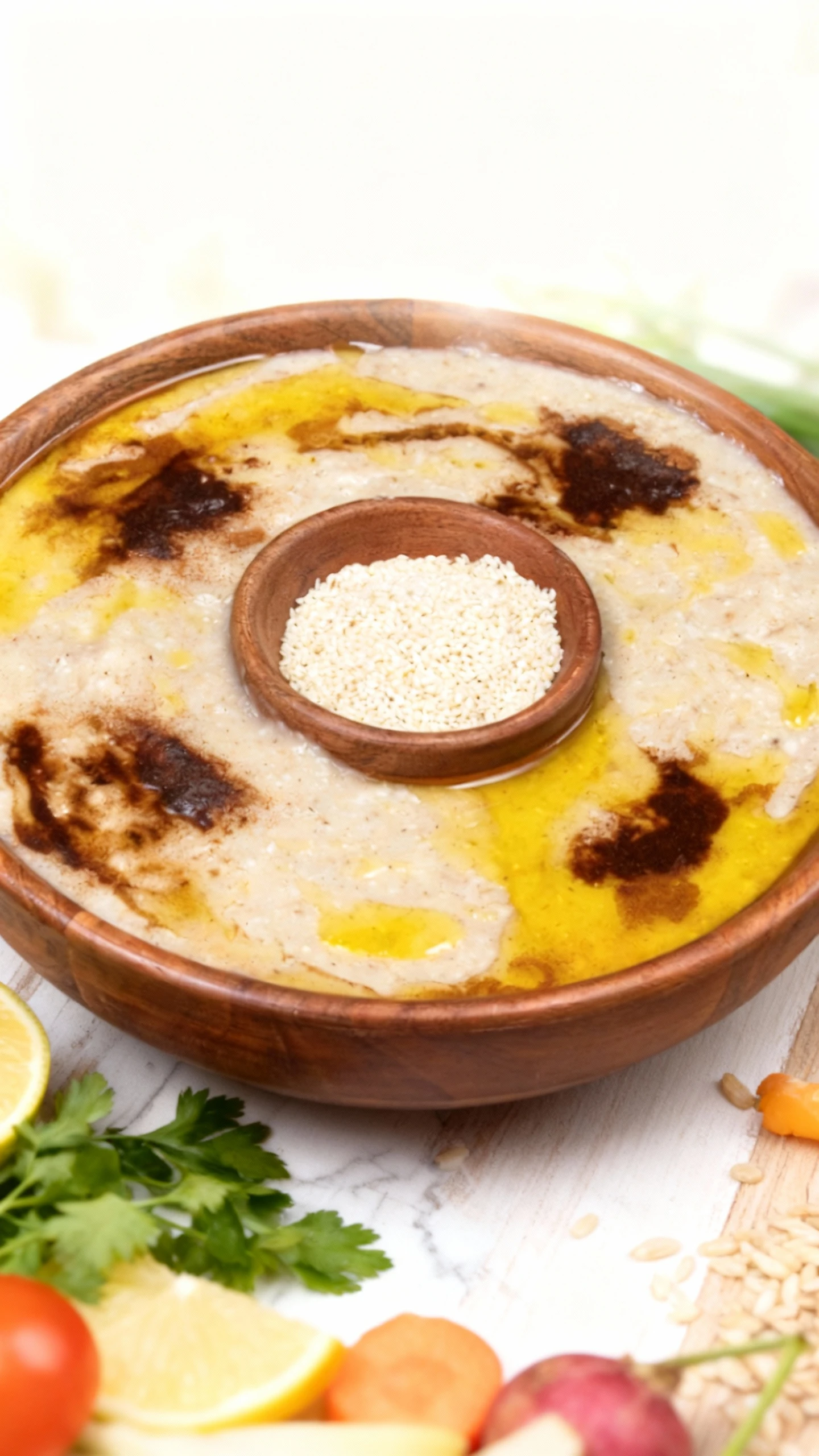 A light-colored, creamy grain dish, possibly a savory porridge or hummus, served in a wooden bowl and heavily drizzled with golden oil and spotted with a dark s