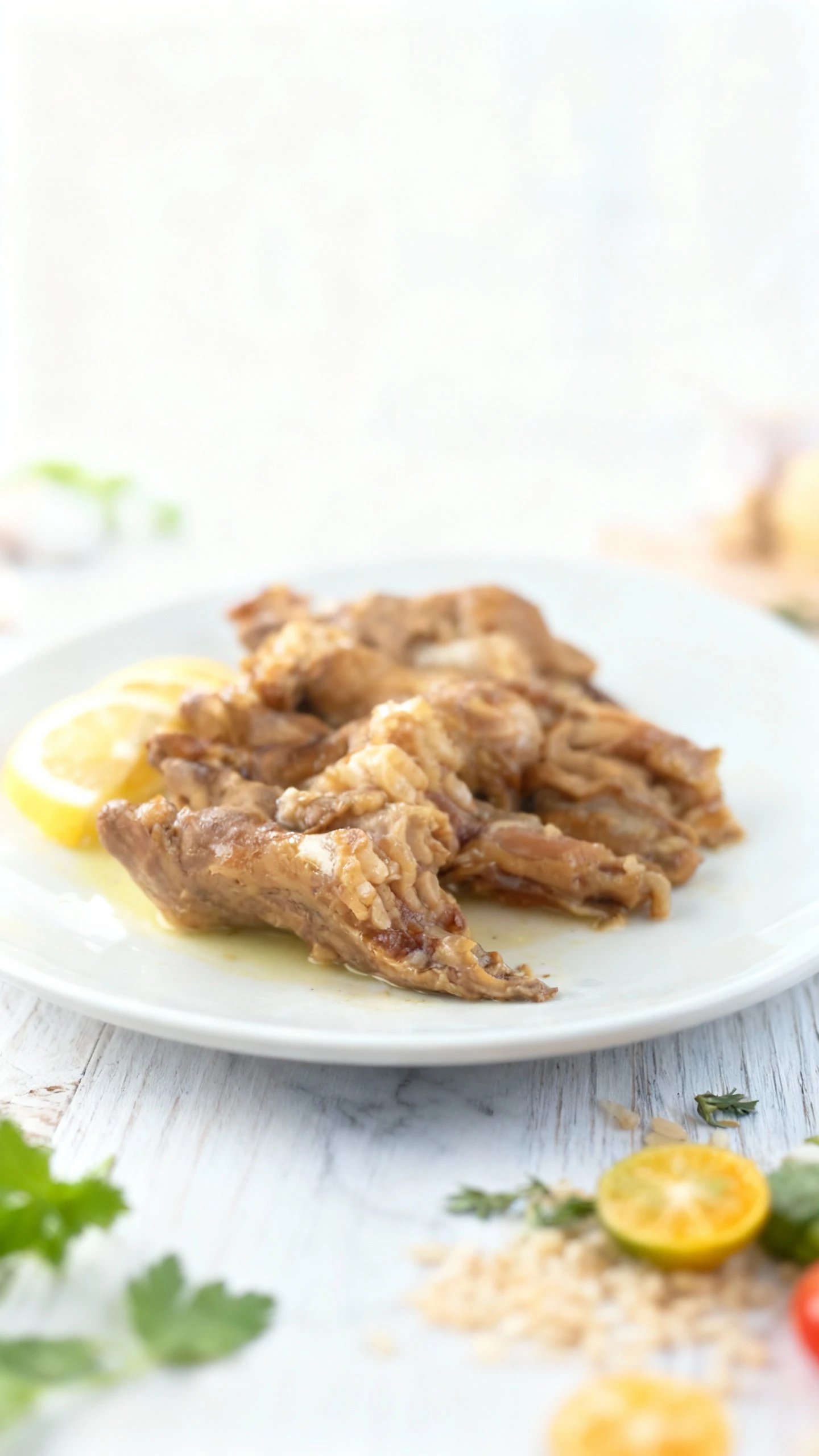 A serving of braised or stewed animal joints or trotters, cooked until very tender and served on a white plate with three slices of fresh lemon.