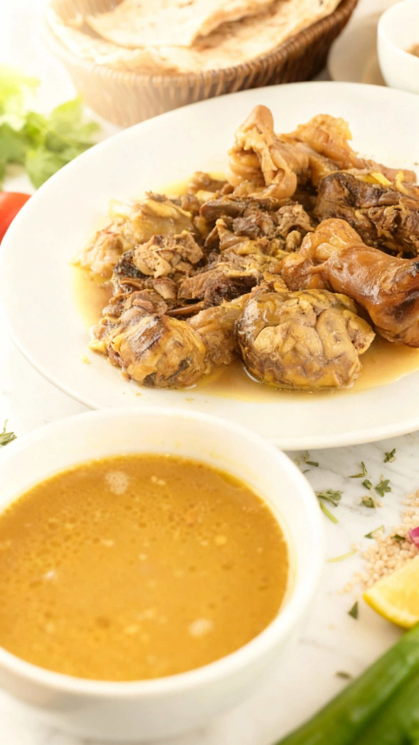 A traditional dish, likely Kaleh Pache, featuring various cuts of braised meat and offal, including trotters, submerged in a rich, fatty yellow broth, served al