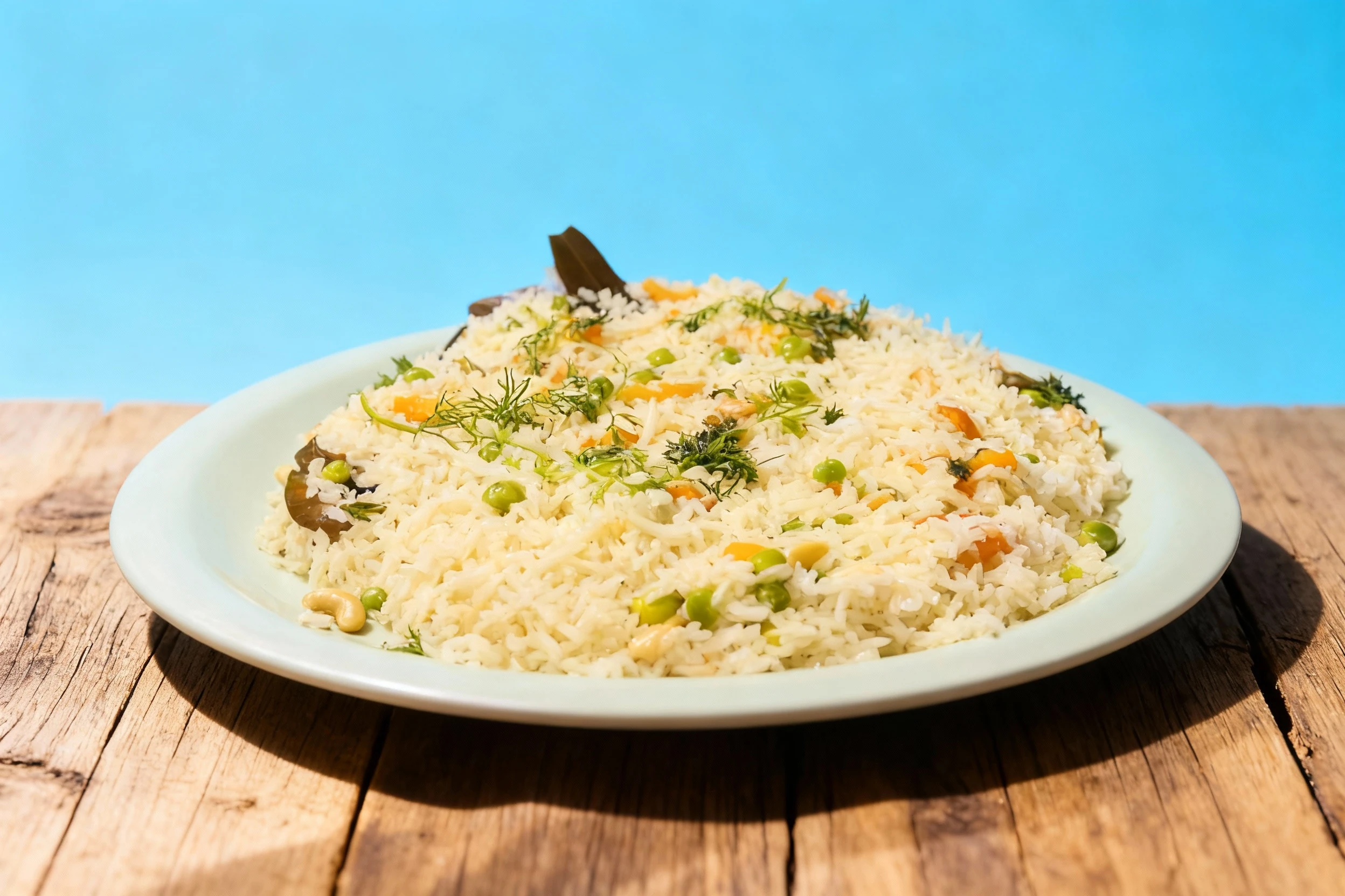 Vegetable Pulao featuring long-grain rice mixed with green peas, diced carrots, and cashews, garnished with fresh herbs and visible whole spices, including bay